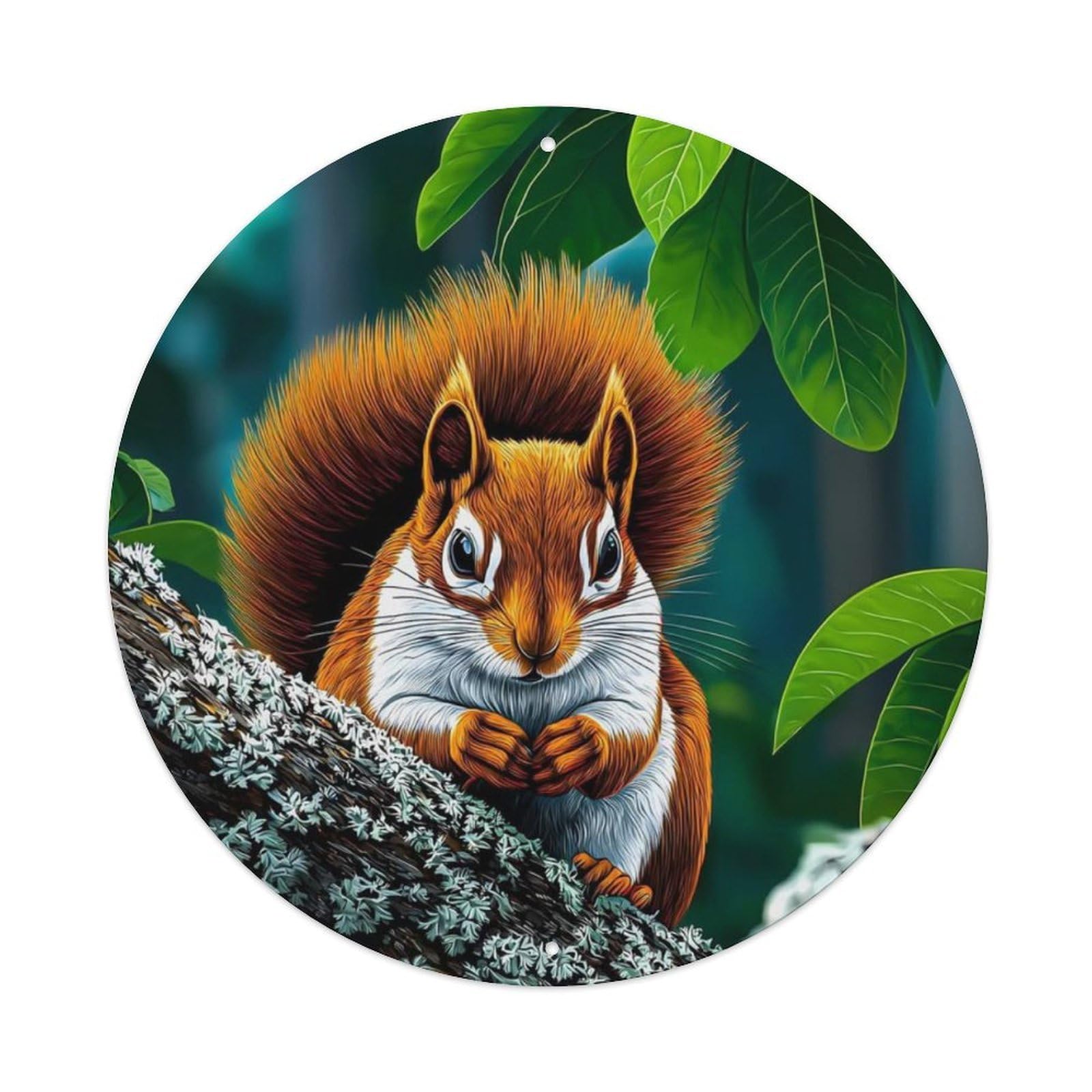 Animal Red Squirrel Cute Red Squirrel Lichen Covered Tree Trunk Vibrant Green Woodland Vintage Metal Tin Sign Plaque Wall Decor for Cafe, Club Bar, Office, Garden Metal Poster 8x8Inch