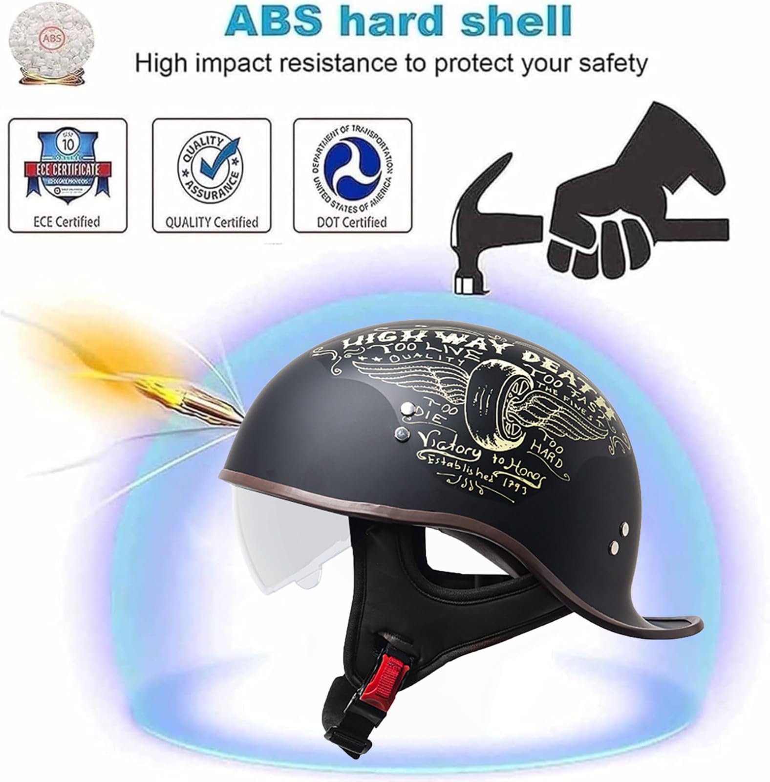 Kask typu jet retro dla dorosłych (mężczyzn i kobiet), ECE 22.06, kask do cruiser, motoroweru i skutera z wizjerem