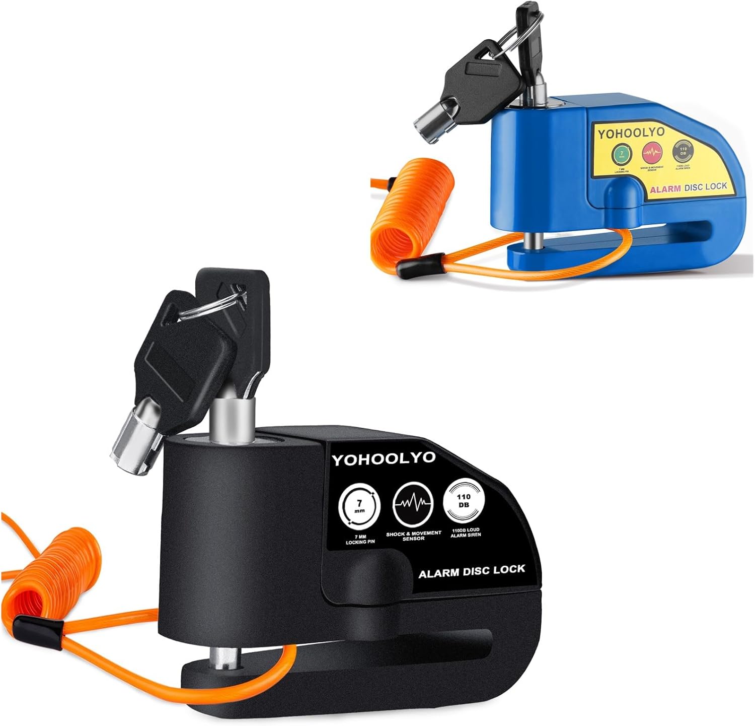 YOHOOLYO Alarm Disc Lock and YOHOOLYO Motorcycle Lock Anti-Theft Waterproof 110 dB 7mm Pin 5ft Reminder Cable for Motorcycles Bike Scooter Carry Pouch