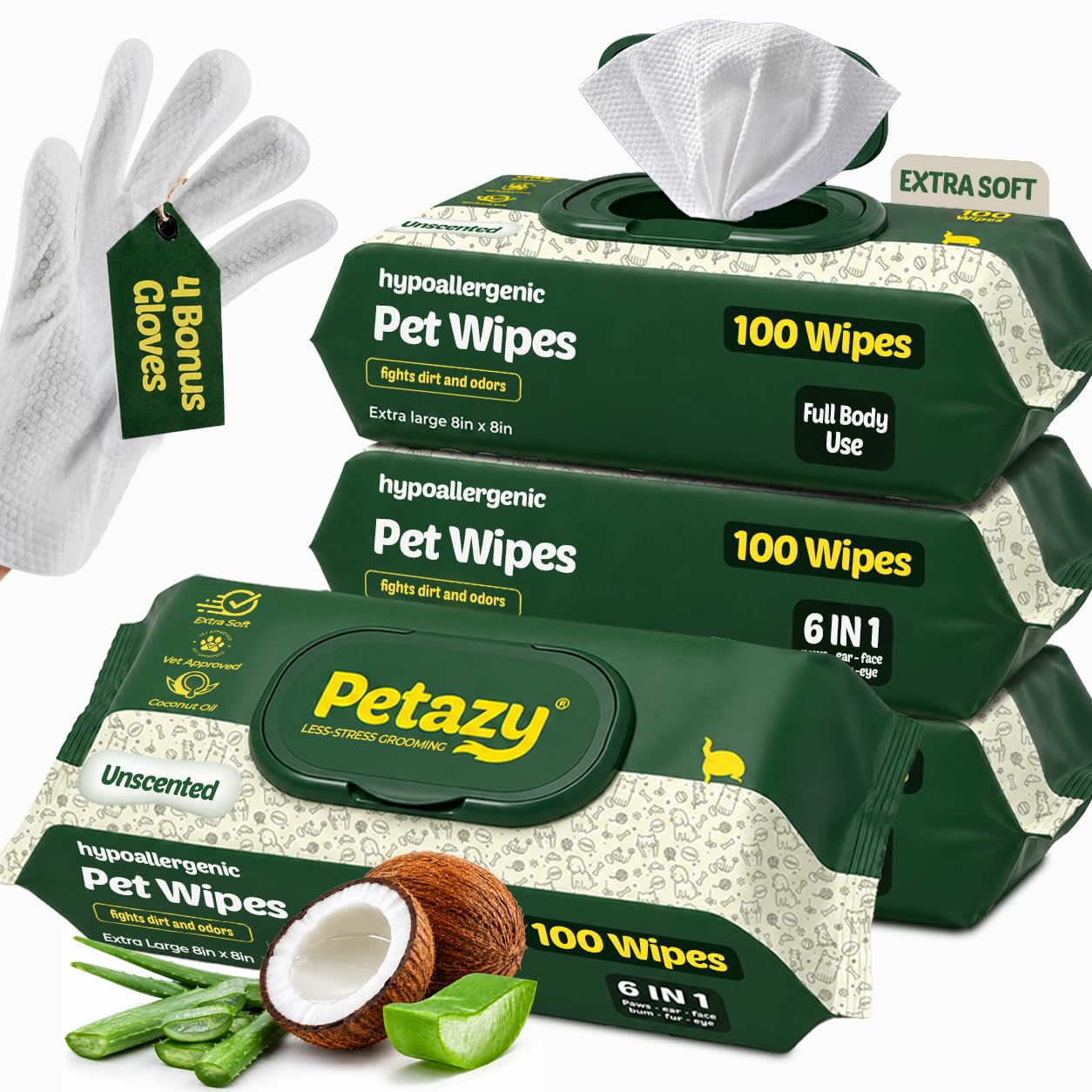 Petazy 400 Tücher für Hunde für Pfoten, Po, Ohren und Augen | Bio-Tücher für Haustiere für Hunde | parfümfreie Hundetücher