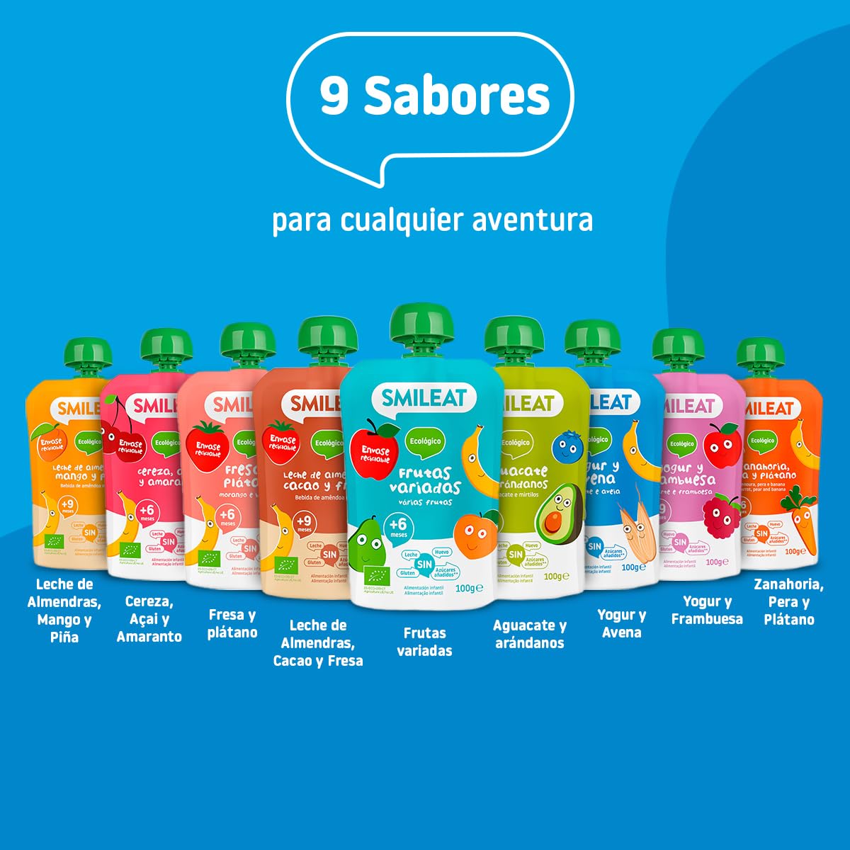 Smileat - Pouch de Frutas Ecológicas - Sin Sal ni Azúcar Añadido, Sin Gluten - Snack Práctico para Peques - Sabor a Yogur Avena