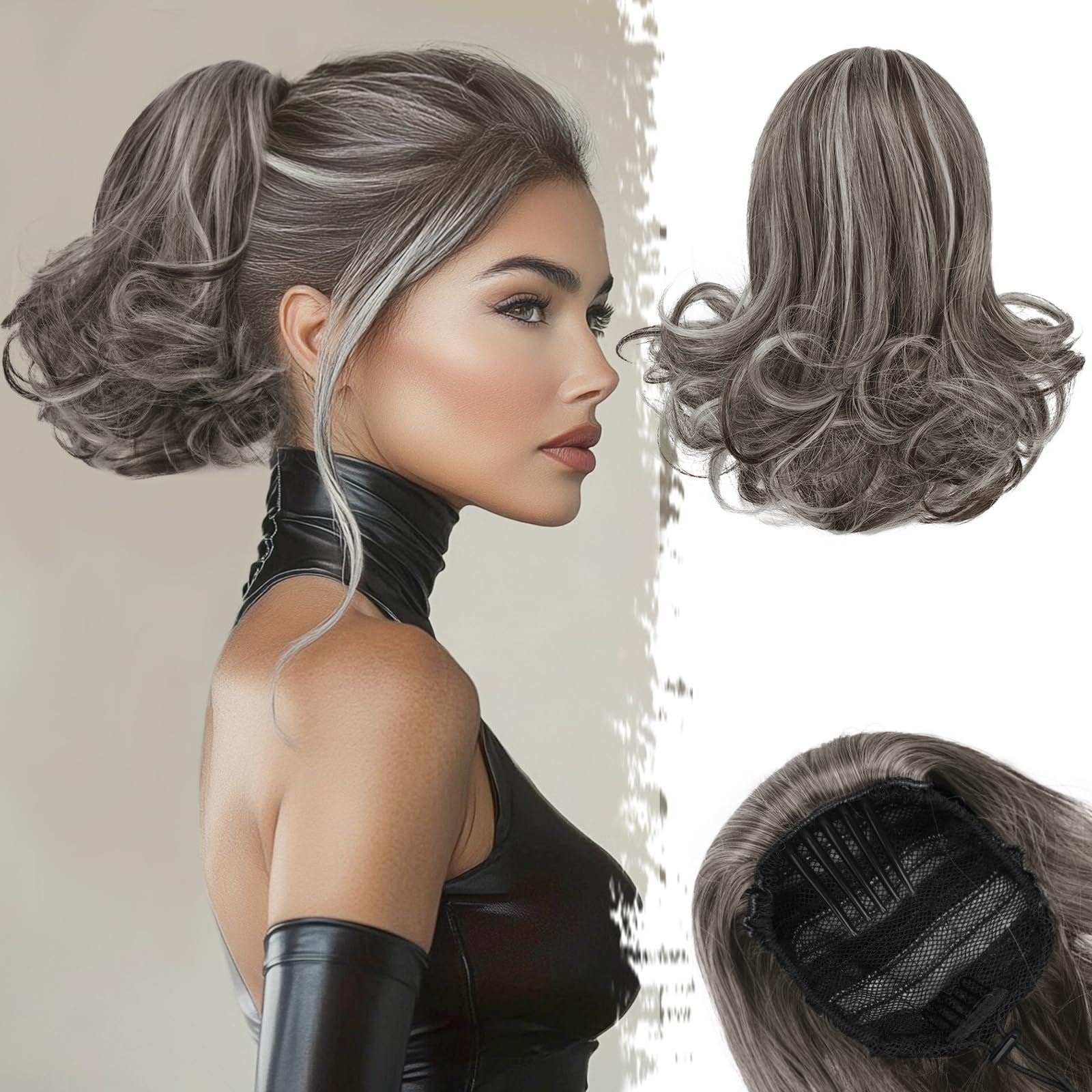 BARSDAR Drawstring Comb Clip Ponytail Extension - 10 Inch Short Wavy Clip in Ponytails Hairpieces for Women - Synthetic Gray Ponytail Extensions Fake