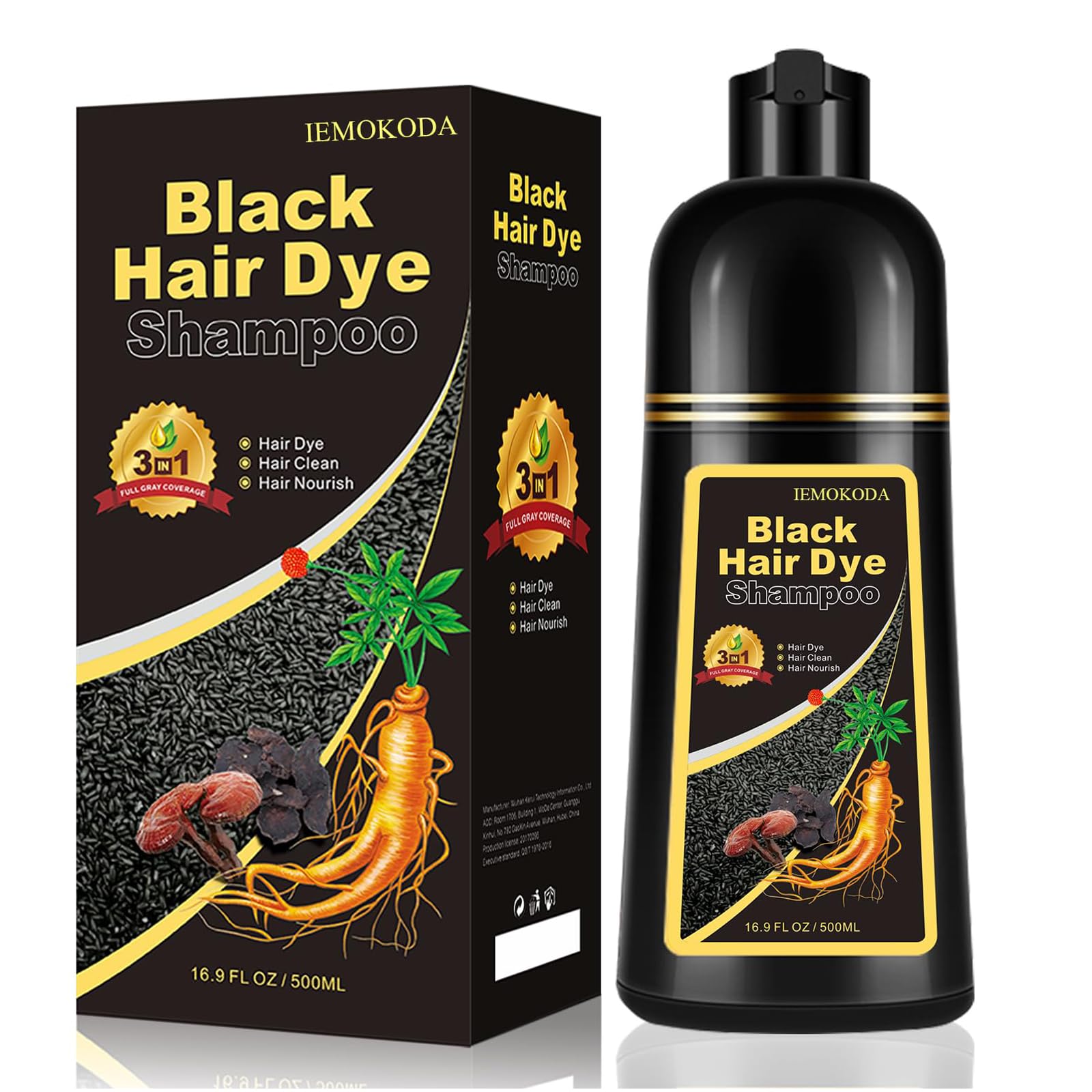 Instant Black Hair Dye Shampoo 3- in-1, 100 Percent Gray Coverage, Magic in 15 Minutes for All Types, Natural Women & Men, Color Depositing Conditioner, Easy to Use