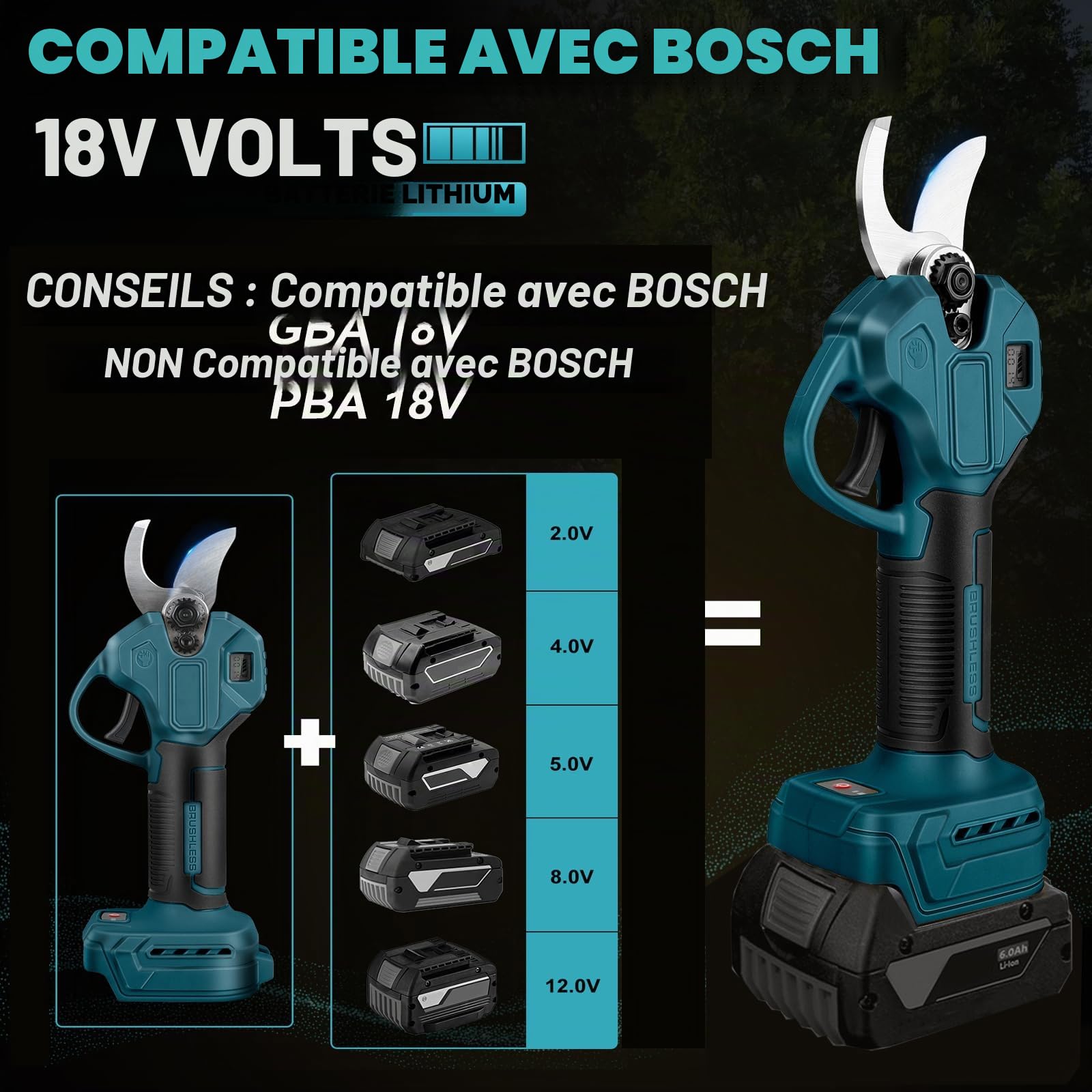 Sécateur électrique sans fil 45 mm compatible avec batterie Bosch GBA 18 V Moteur sans balais Scie d'élagage électrique Ciseaux LCD pour tailler les arbres fruitiers