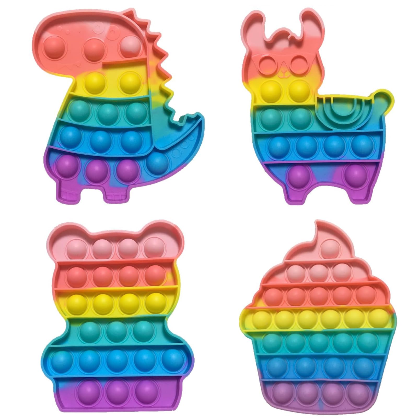 Xrten 4PCS Pop Bubble Toys, Rainbow Dinosaur Alpaca Bear Ice Cream, Stress Relief Toys