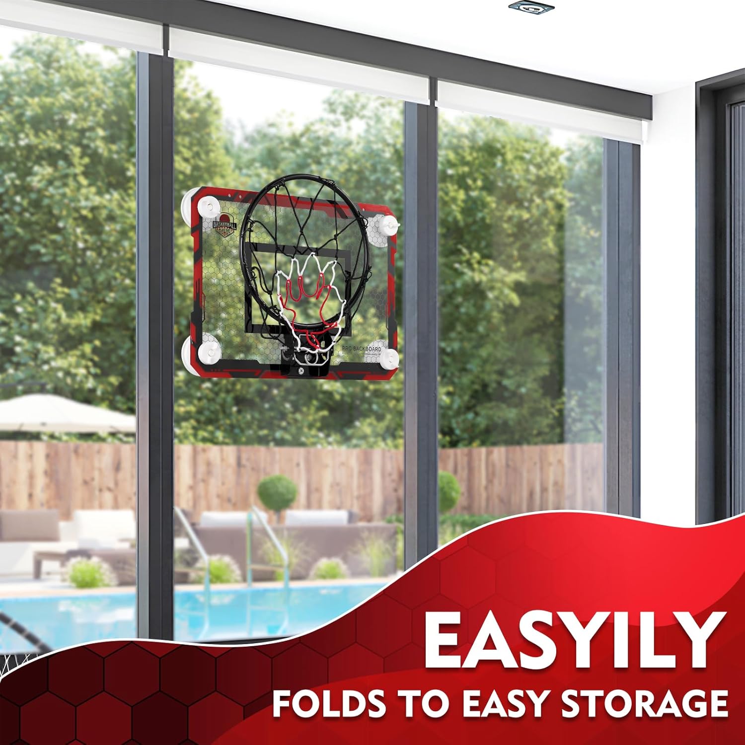 BOHEN Indoor Mini Basketball Hoops with Powerful Suction Cup, Stick to Windows, Wooden Doors, Smooth Walls - Basketball Backboard Indoor Bedroom Office for Kids Teens Adults