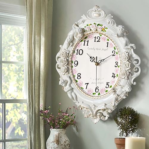 Miniatura 6 de Reloj de pared rústico, estilo europeo, de resina, funciona con pilas, con patrón de ángel y rosa en relieve para sala de estar, decoración de pared