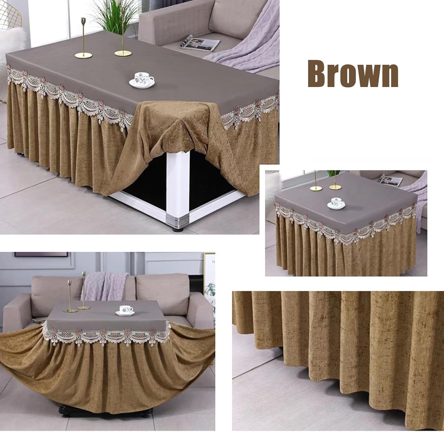 Polyester Table Skirt Tablecloth, Leather Table Cover One-Piece Skirt Resistant Pleated Ruffle Table Cloth for Banquet,Wedding,Trade(Brown,130 * 70 * 60cm)