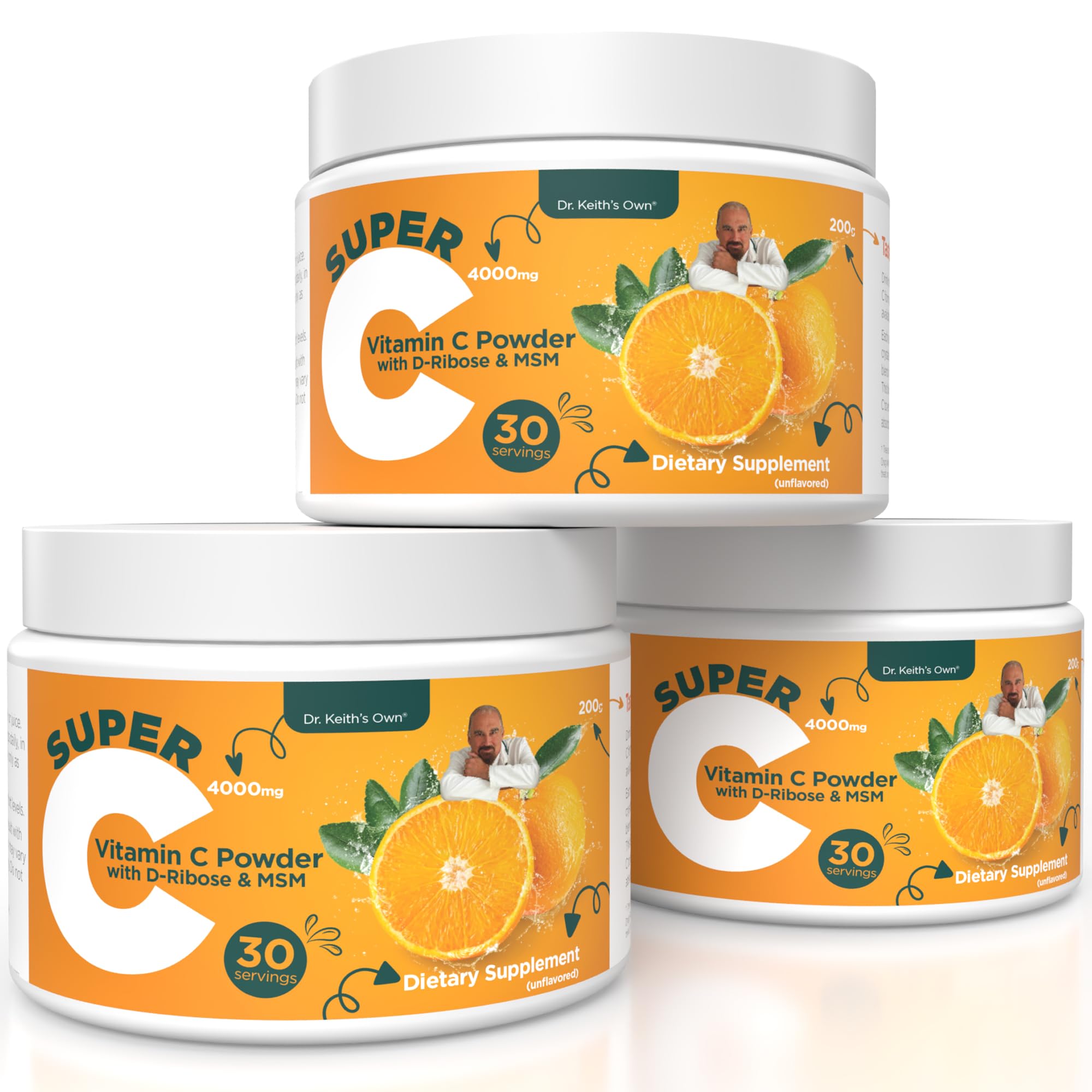 Super C - High Dose 4000mg Buffered Vitamin C Powder with D-Ribose, Glycine, MSM - Highly Absorbable, Stomach-Friendly, Daily Immune Support - Unflavored, 200 Grams Each (3 Pack)