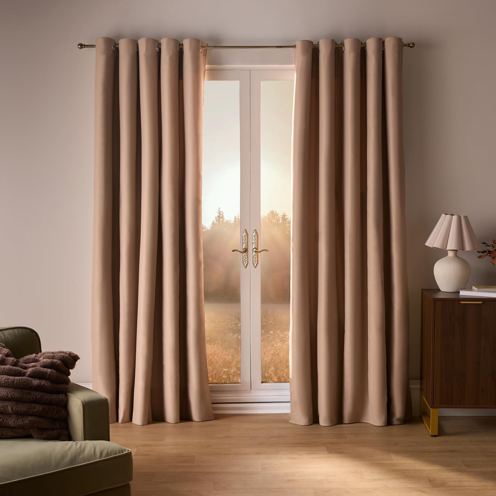 Dreamscene Eyelet Blackout Curtains Beige, Decorative Black Out Curtain for Bedroom Living Room Soft Modern Thermal Lined Blackout Curtains, 66x72”