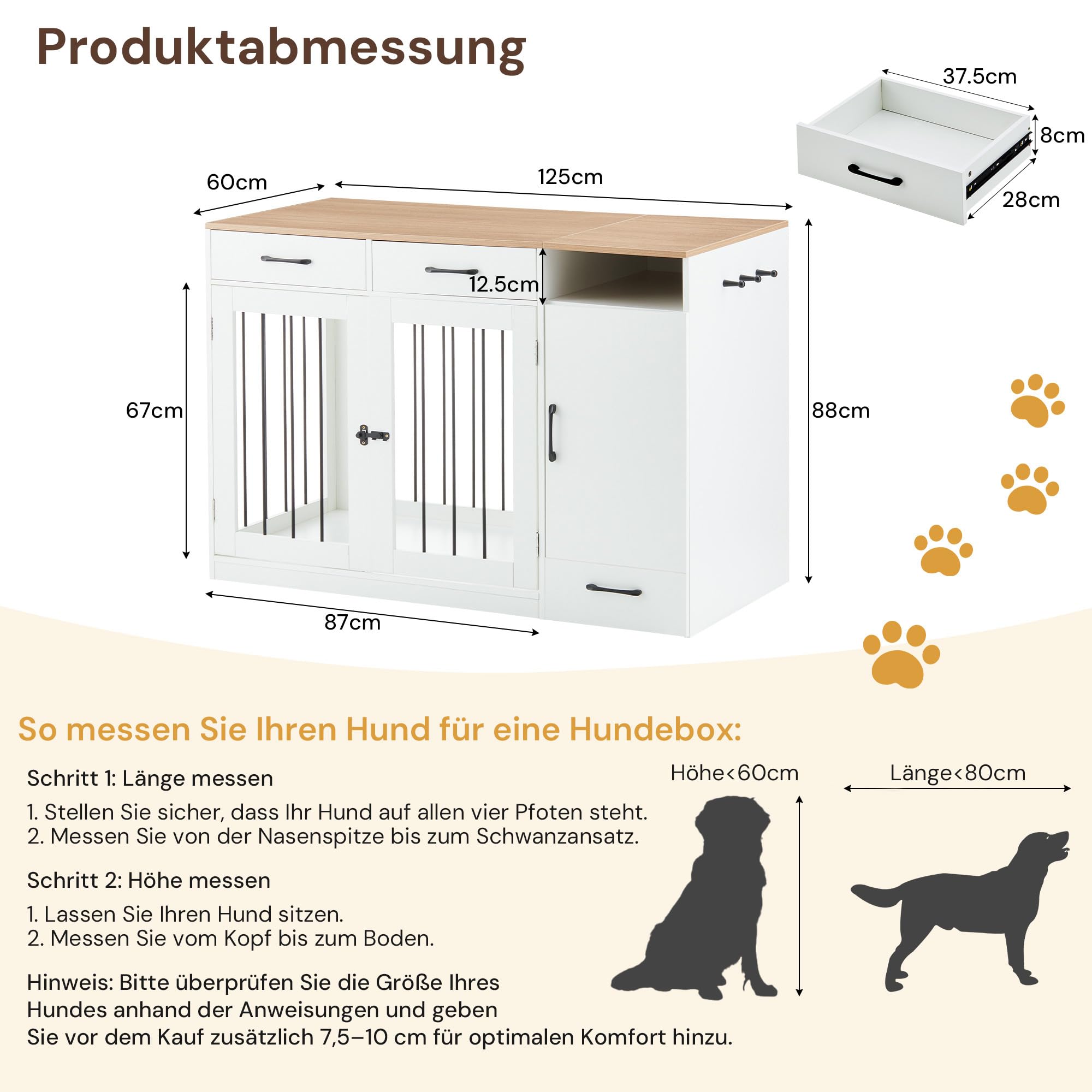 CLIPOP Hundekäfig Möbel, hundebox für zuhause, 125x60x88cm, Abschließbare Hundehütte, Moderne hundebox Holz Indoor, mit Schublade und Hundenapf, Vintagebraun und Weiß