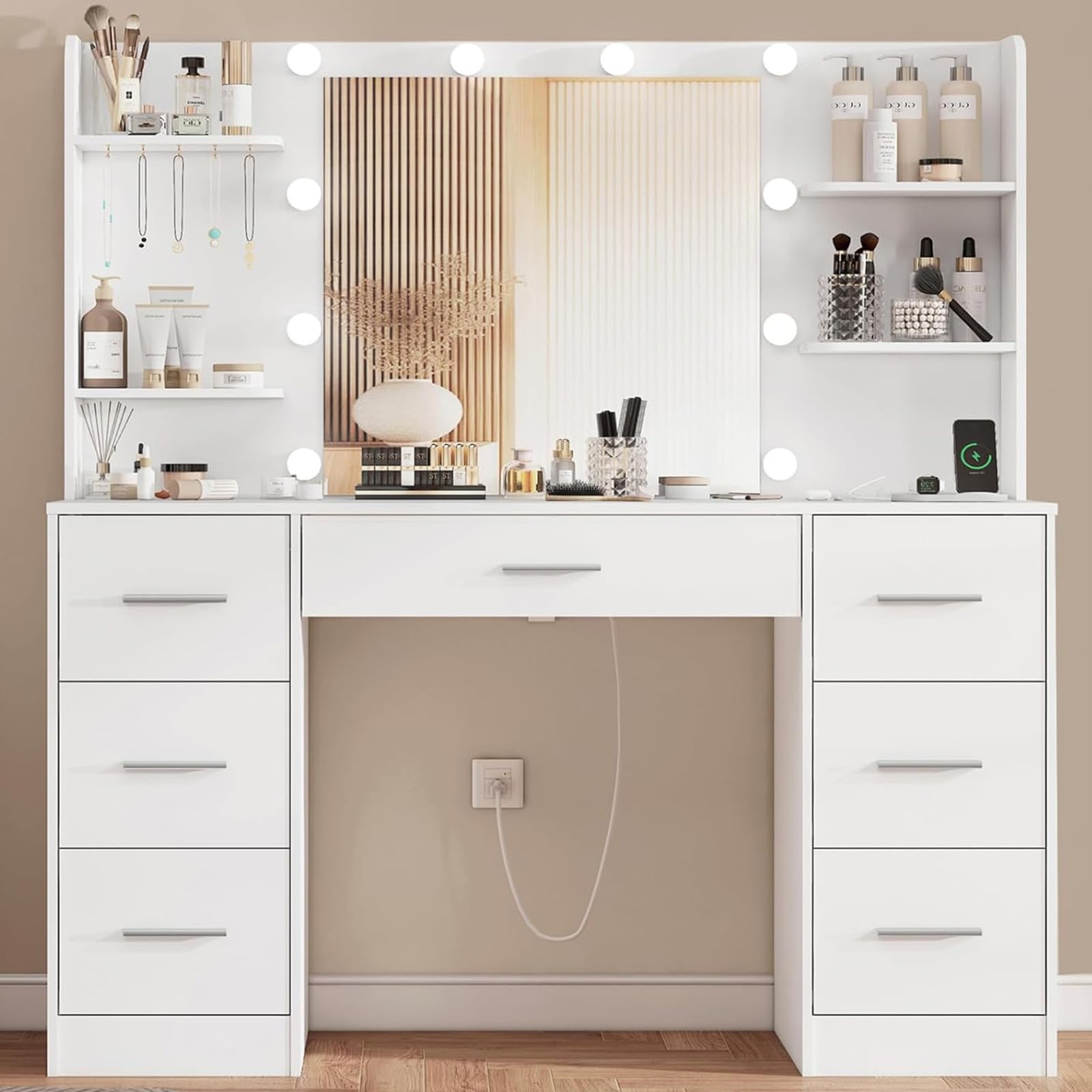 TEENFON Tocador de Maquillaje Grande con Luces LED Regulables y enchufes, Mesa de Maquillaje con Espejo, Mesa de Tocador con 7 cajones, 4 estantes Abiertos y 5 Ganchos para Joyas, Blanco