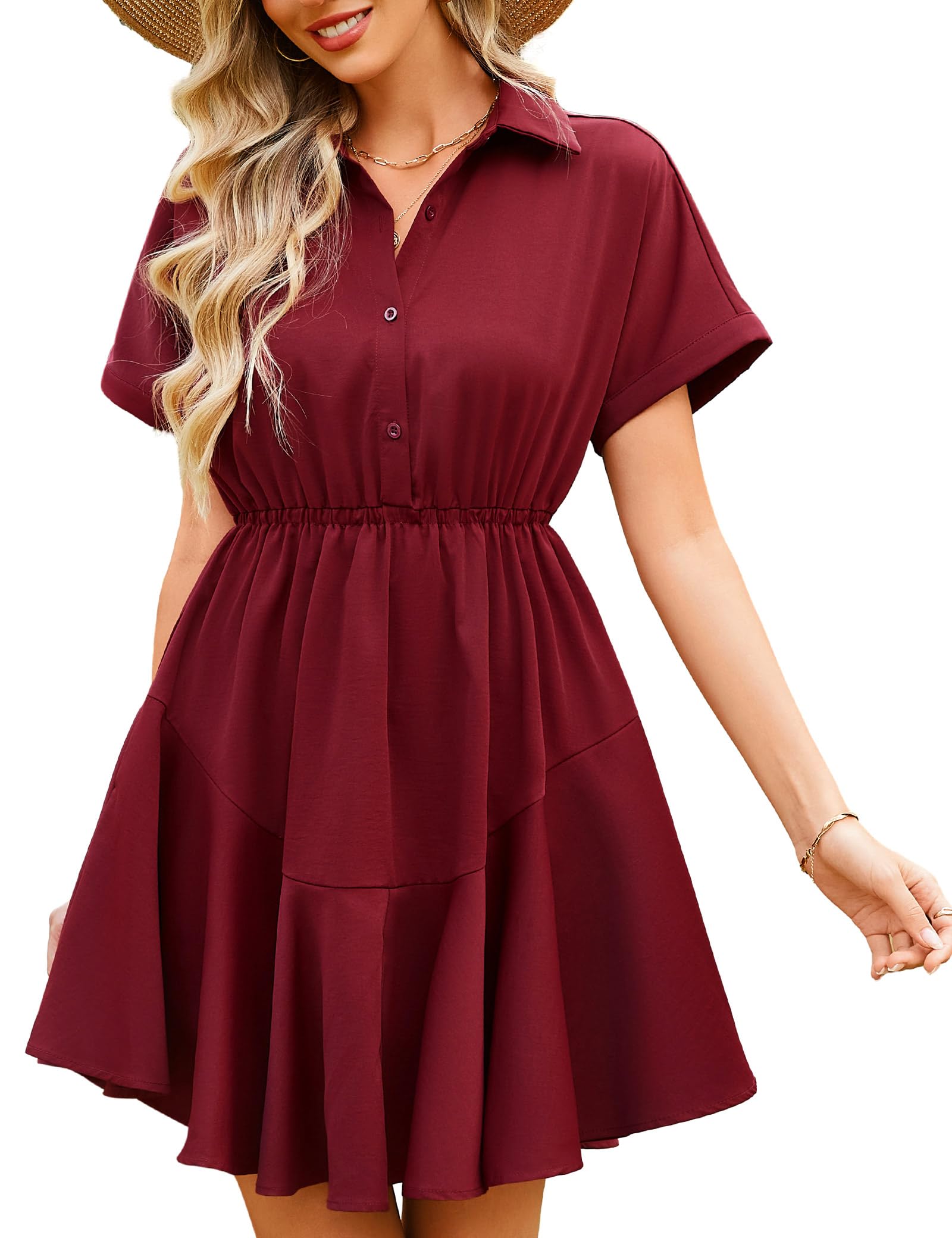 Beluring Blusenkleid Damen Sommer Kurzarm Minikleid V-Ausschnitt Knopfleiste Tunika Kleider mit Taschen