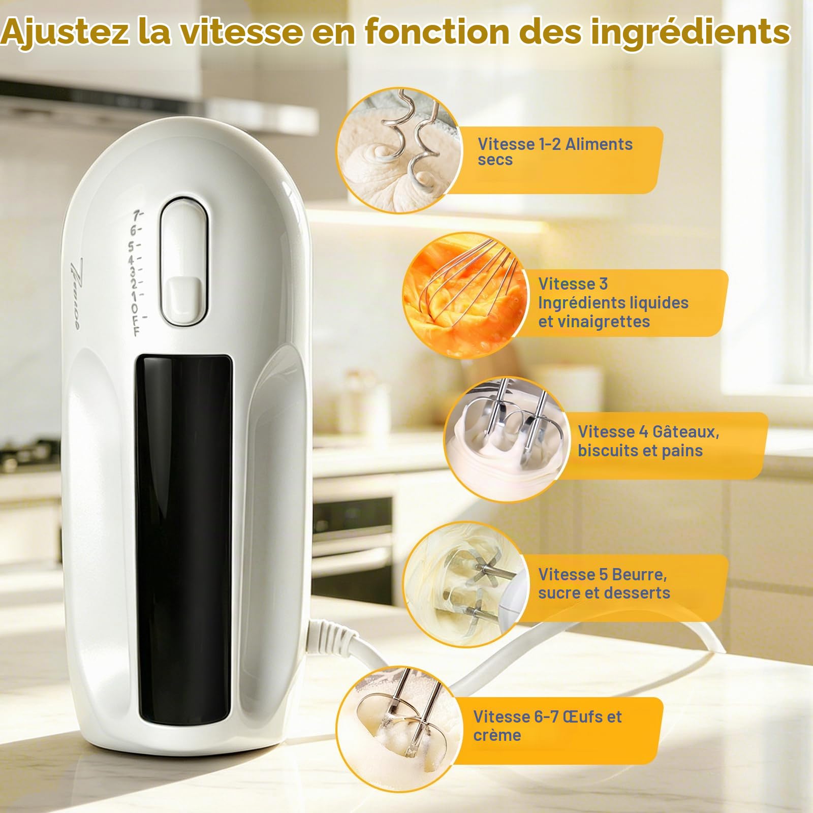 Batteur Electrique Cuisine 300W, 7 Vitesses Réglables | Fouet Electrique Portable avec 1 Fouet 2 Batteurs et 2 Crochets en Acier Inoxydable, Idéal pour Gâteaux Confitures et Crème