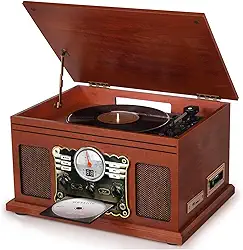 VEDO Toca-Discos 10 em 1 Bluetooth com CD, Cassete, Rádio FM e Conversor LP/MP3 - Design Retrô em Mogno, 3 Velocidades, Alto-Falantes Integrados e Tensão 110v/220v Colecionadores e Amantes de Vinil