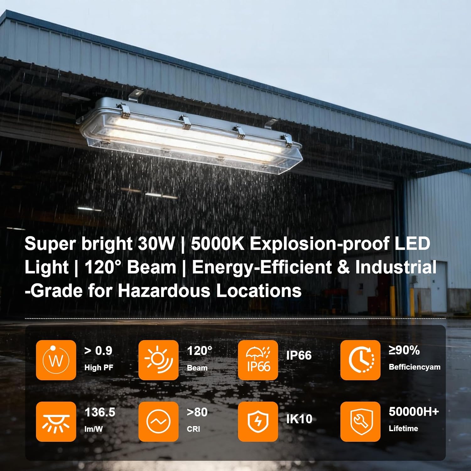 50W 4ft LED Explosion Proof Floodlight, 5000K Daylight PC Cover, UL 844,IP66 Waterproof, 6750LM Class I Division II Industrial Luminaires Warehouse Lighting for Oil & Refineries & Chemical Warehouses