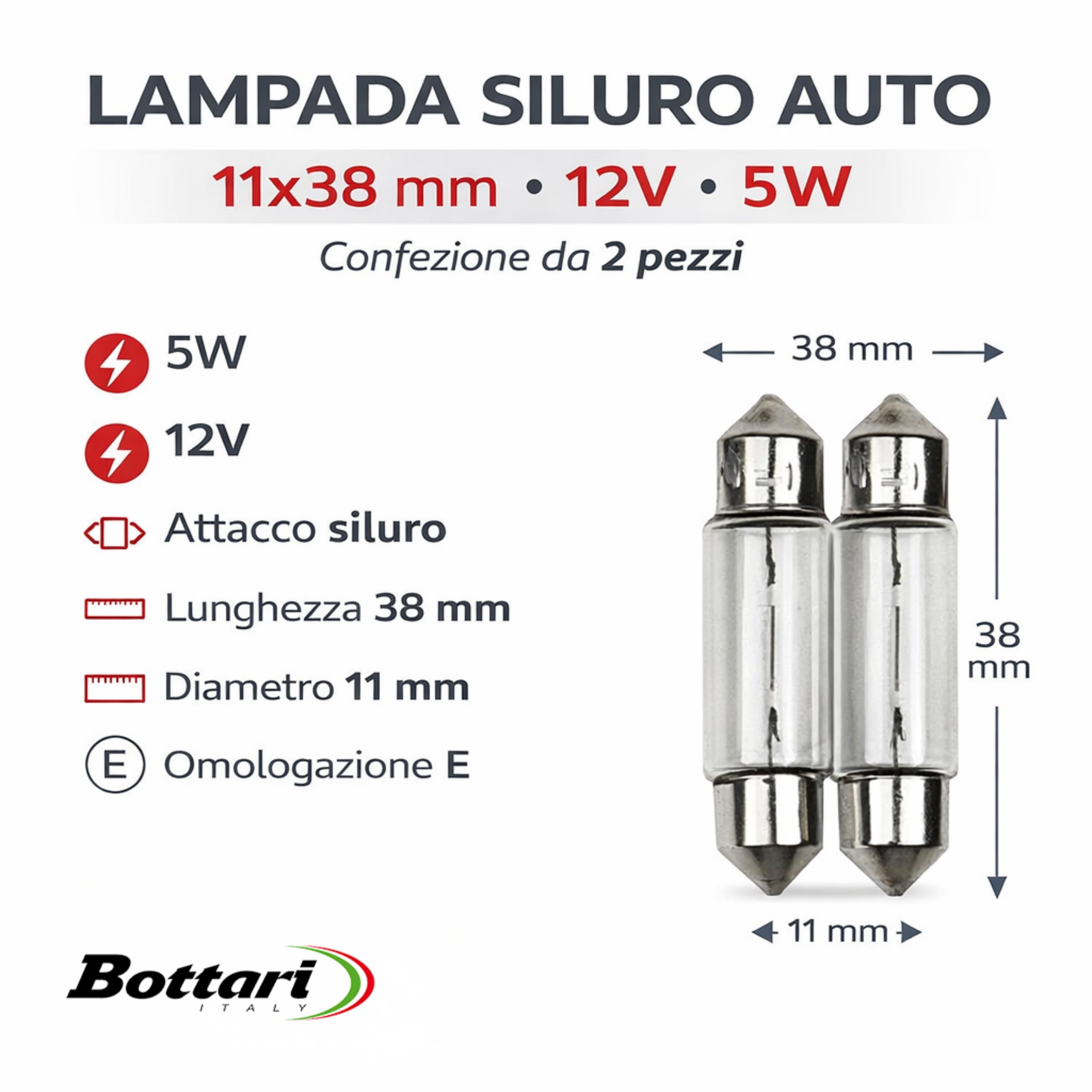 Bottari 30163 Zestaw Żarówek Rurkowych, 12 V, 5 W, 11 x 38