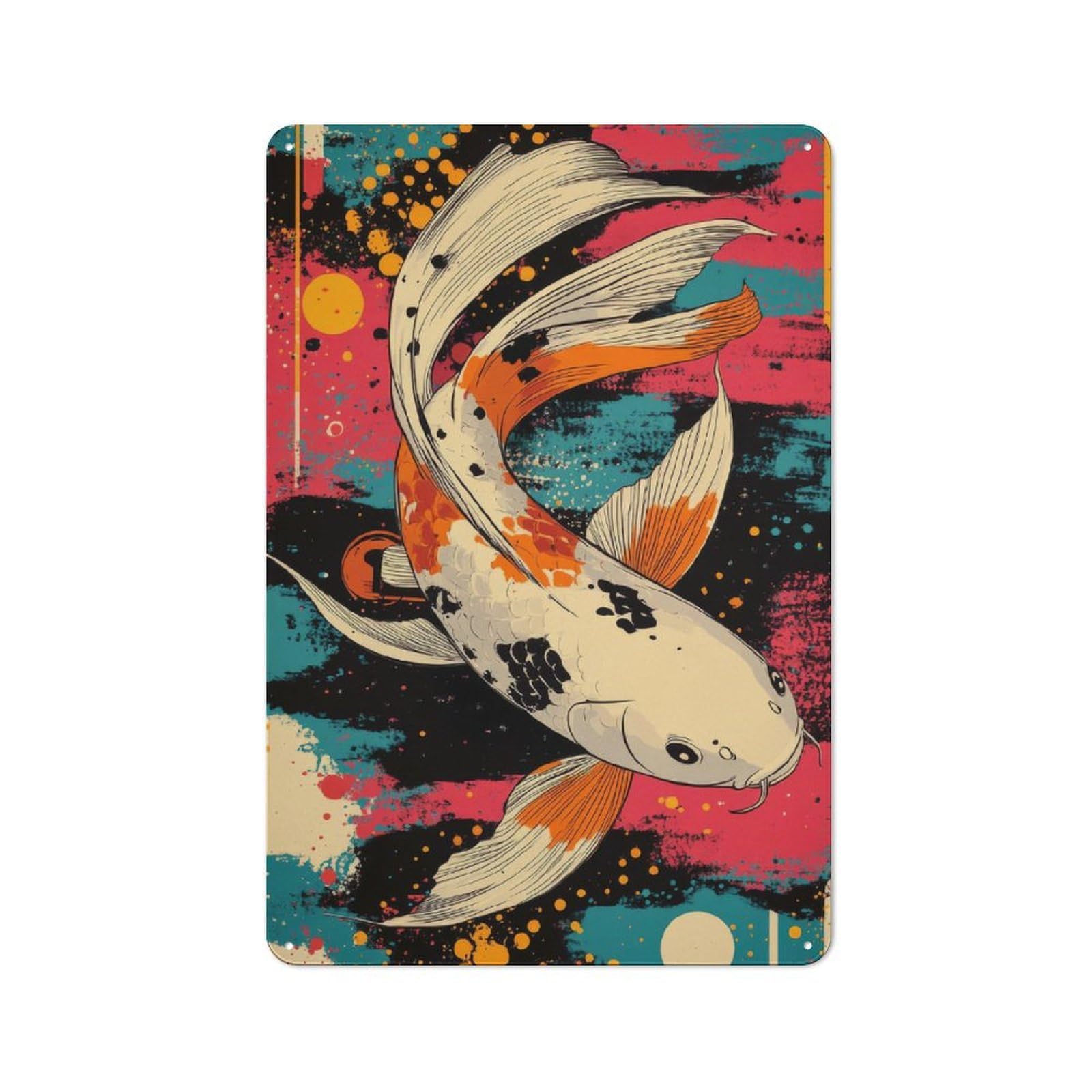 Junmoney Koi Fish Abstract Art White Koi Fish 30X20cm Retro Tin Sign With For Dining Room Or Kitchen, For Metal Sign Collectors, For Garage And Workshop Walls