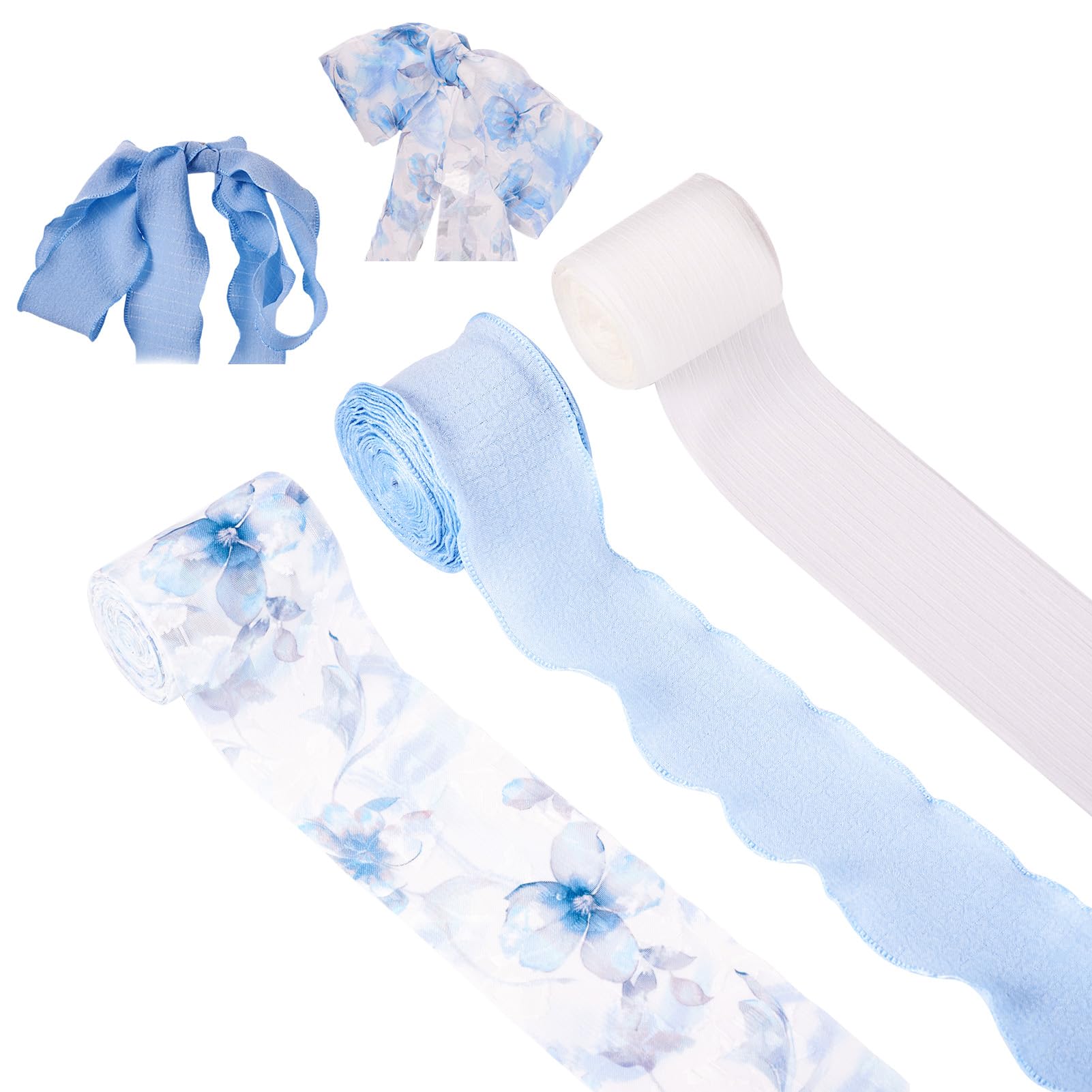 Cheriswelry 3 Rolls Spring Floral Ruffle Ribbons Summer 40mm Flower Pattern Wired Ribbon Polyester Printed Grosgrain Belt Straps for Costume Cloth DIY Crafts Supplies, White