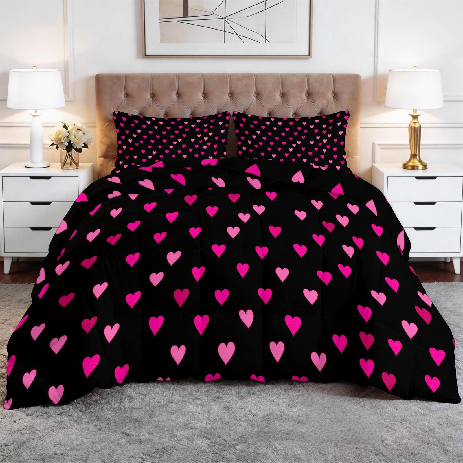 Trapunta 4 stagioni 240 x 260 cm Cuori Rosa Tema Romantico Trapunta Temperata Cotone Edredon Ultra Gonfiante con 2 Federe Cuscino per Allergico