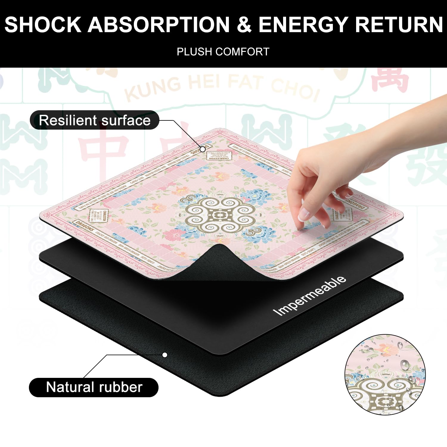 Tapis de Mahjong à fleurs roses et bleues pour réduction du bruit de table, tapis de table de Mahjong antidérapant 83 x 83 cm avec sac de transport, adapté pour mahjong, poker, jeux de société