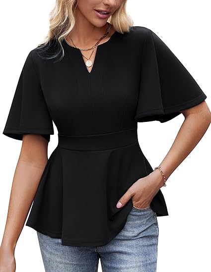 GRACE KARIN Blouses voor dames, V-hals, elegant zomertuniekje met ruches en korte mouwen, ongedwongen T-shirts, zakelijke blouse voor op kantoor, Paars, L