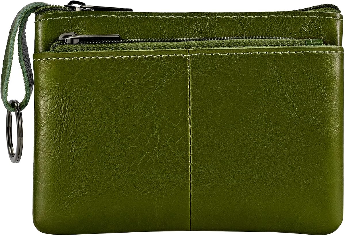 Cartera de cuero genuino verde militar, mini monedero con cremallera para mujer, billetera para llaves, monedero para mujer, monedero pequeño, monedero de cuero con llavero 3 cremalleras.1 pieza