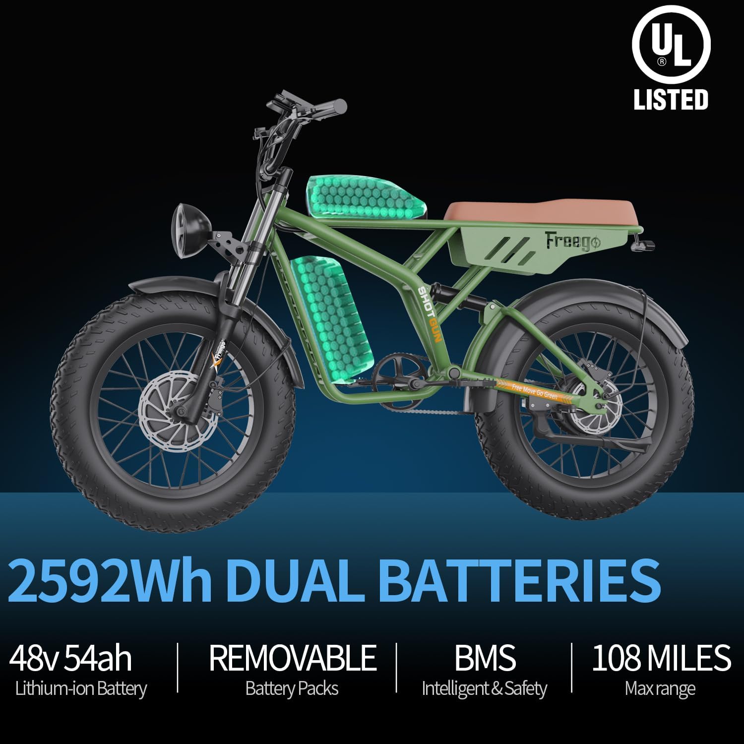 Freego Electric Dirt Bike, Electric Motorcycle for Adults,2000W Dual Motor/48V/40/55Ah,Dual Hydraulic Brake/Suspension,35MPH/68/108Mile,20x4 Fat Tires Off Road Electric Bike