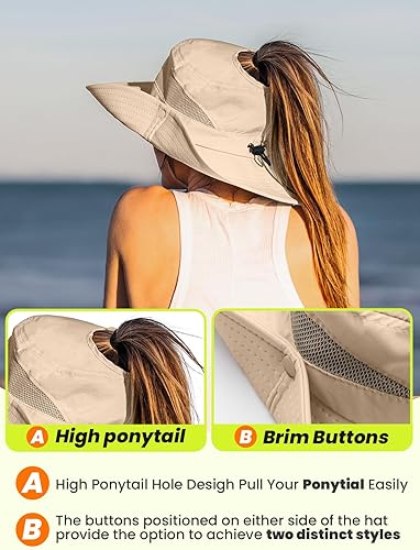Miniatura 2 de Sombrero de sol con agujero alto para cola de caballo para mujer, protección UV UPF 50+, safari, senderismo, ala ancha, plegable, impermeable,