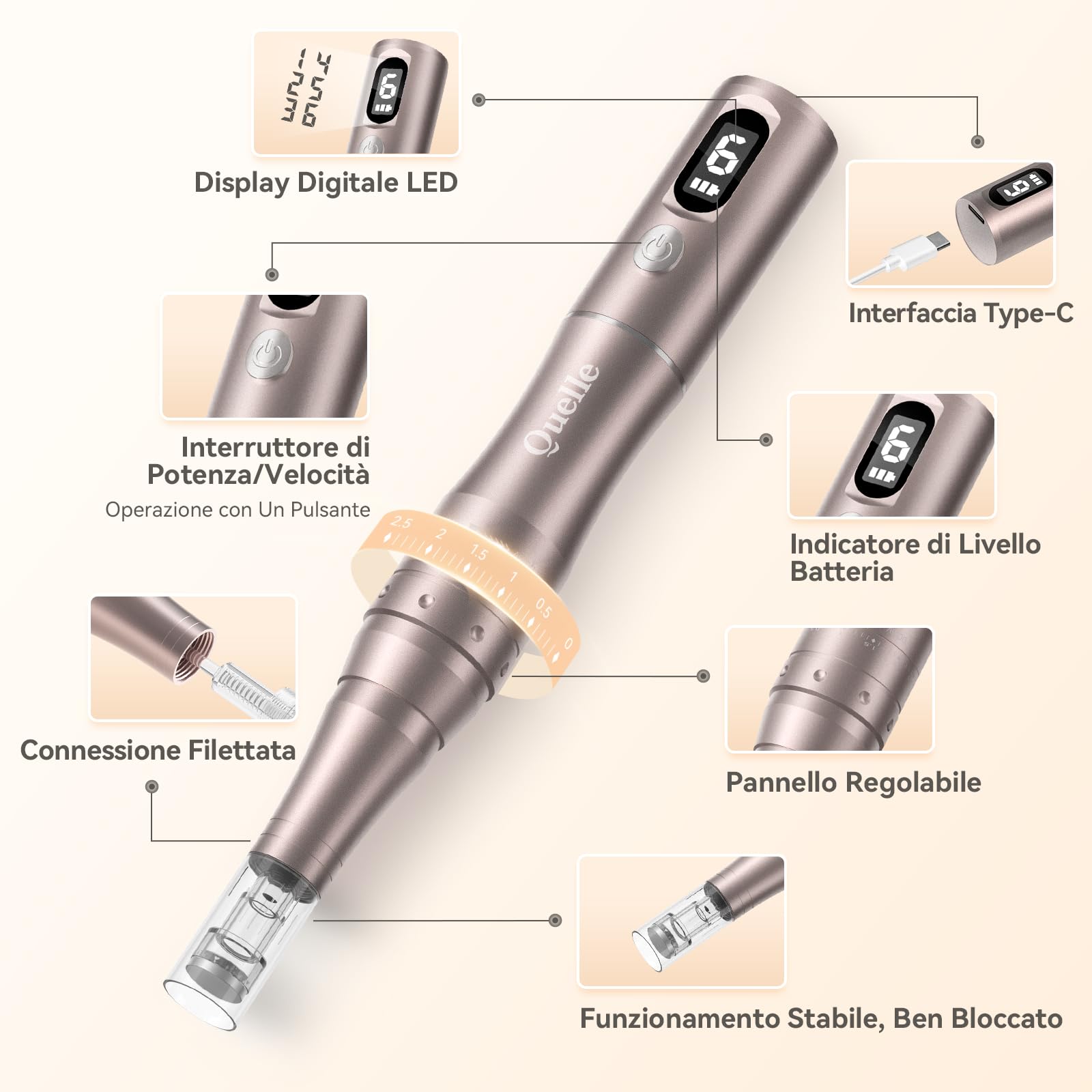 QUELLE Dermapen Microneedling Professionale - Penna Microneedling Viso Elettrico con Display LED, 6 Velocità, 16 Cartucce Ricambio - Derma-Pen Senza Fili