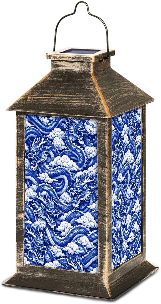 Solar Lantern Majestic Blue White Chinese Dragon Clouds Traditional Outdoor Waterproof Hanging Solar Light Outside Lights for Patio Yard House Lawn Decor Birthday Gifts for Women Mom