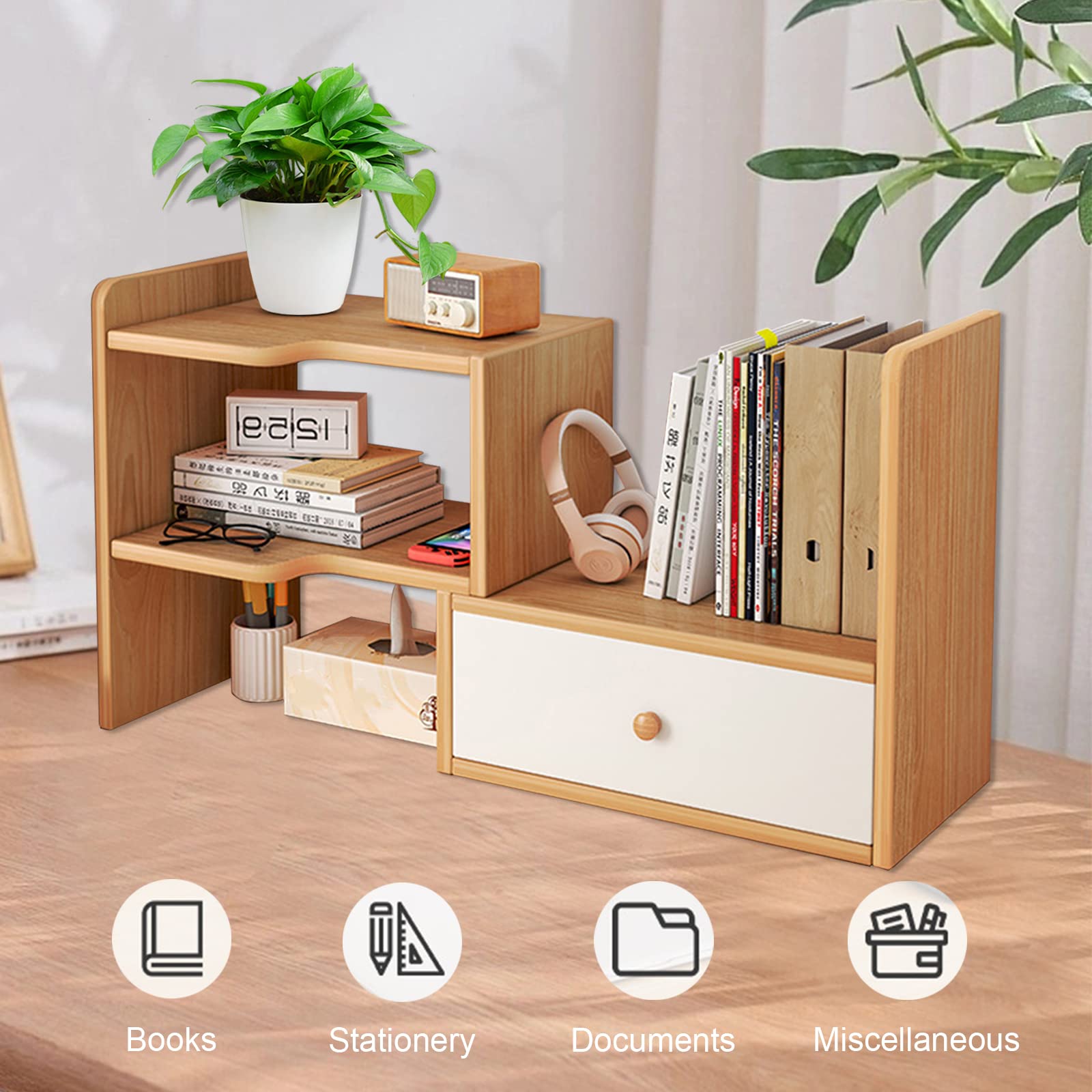 Undres Bücherregal, Desk Organizer, Schreibtisch Regal, Desktop-Bücherregal aus Holz, Hergestellt aus Hochwertiger MDF-Platte, für Schlafzimmer, Büro, Arbeitszimmer (Holzfarbe, Mit Schublade)