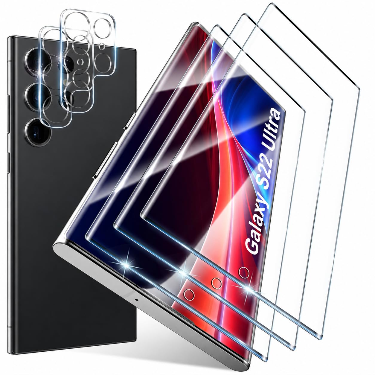 Photo 1 of [3+2 Pack] for Samsung Galaxy S22 Ultra Screen Protector 5G, Ultrasonic Fingerprint Compatible, 3D Curved Tempered Glass, 9H Hardness, Case Friendly with 2 Pack Camera Lens Protector, HD Clear