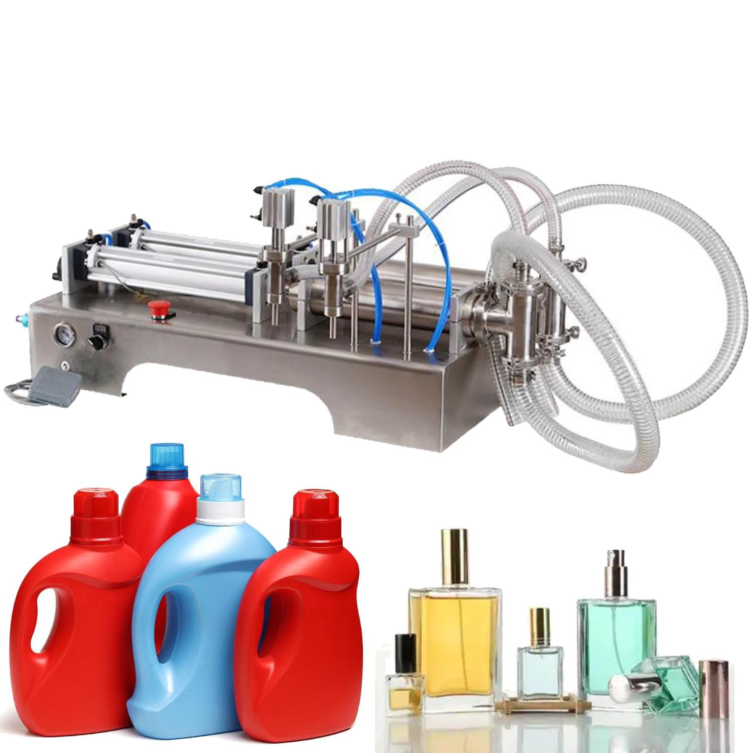 Pozioma pneumatyczna maszyna do napełniania płynów, pojedyncza/podwójna głowica, ilościowy dozownik płynów, pojemność 50-500 ml, idealna do butelek i pakowania