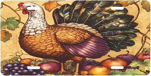 Front License Plate Thanksgiving Vintage Turkey Car Decor Accessory Aluminum Metal Decorative Car Plate Funny Novelty Vanity Tag with 4 Holes for