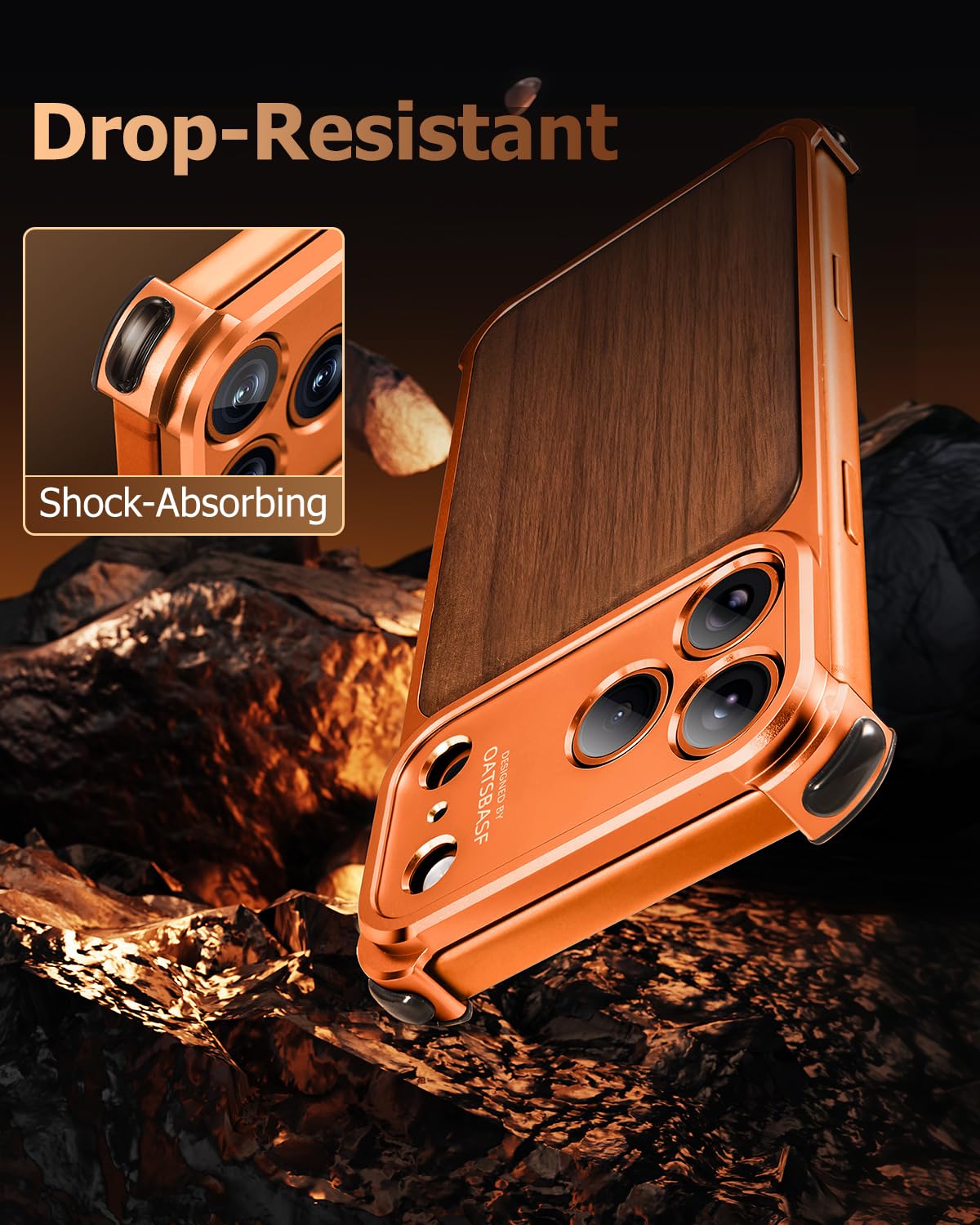 OATSBASF Funda para iPhone 17 Pro Max, protección completa de la cámara, compatible con cargador MagSafe, marco de metal, panel trasero de grano de madera (naranja, para iPhone 17 Pro Max)
