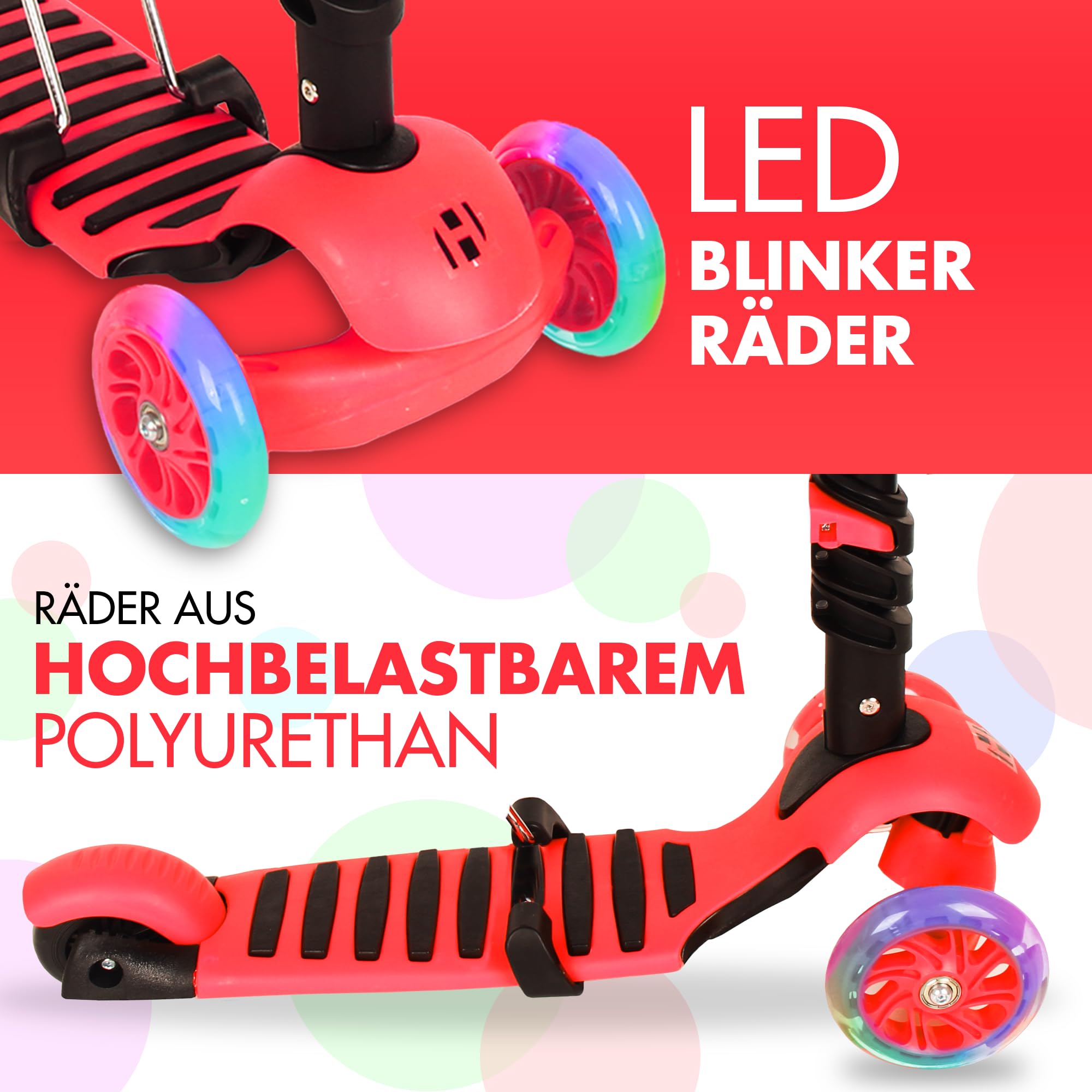 Habib Gruppe Monopattino 3 in 1 per bambini e bambine – sedile rimovibile, ruote a LED, manubrio regolabile in altezza, scooter – Monopattino – per bambini da 2 a 8 anni