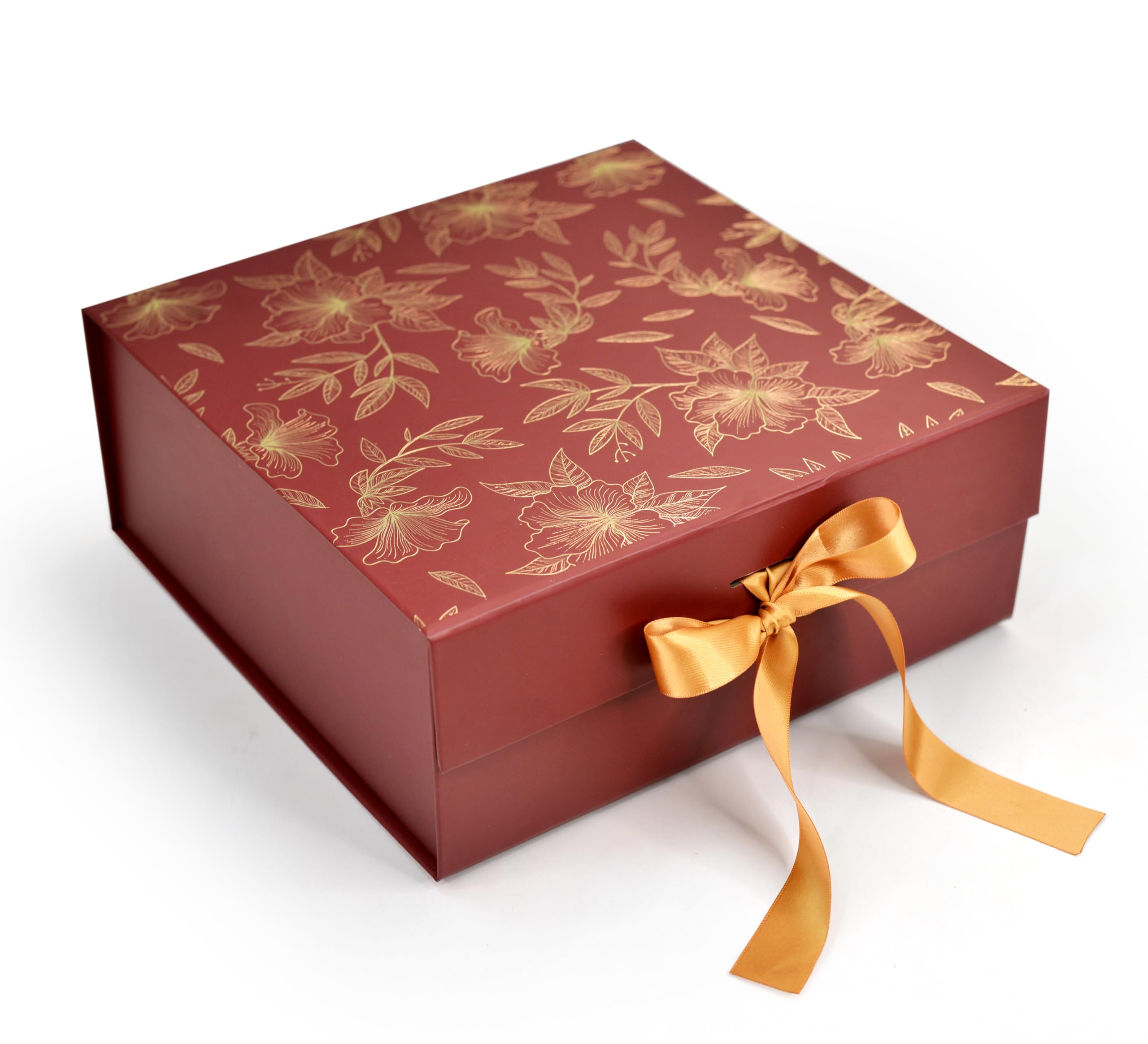 RBS® - Medium Red Gift Packing Box 26x26x10cm Decorative Gift Hamper Box Empty with Floral Design (1 Pack) Holds Upto 8 kg Ideal for Gift Hampers Valentine's Day Empty Gift Box (Maroon Gold Floral)