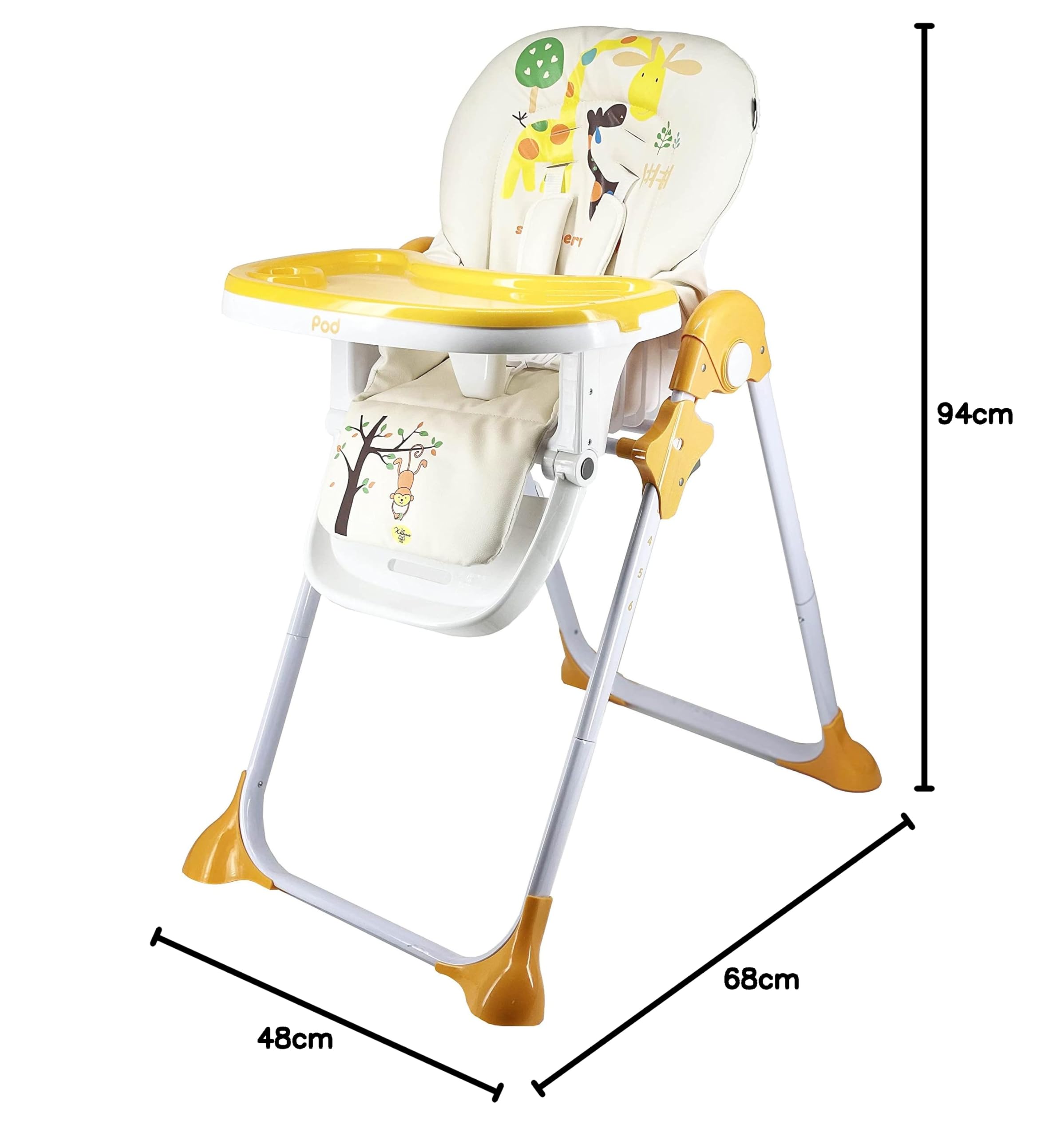 Star Ibaby Pod Giraffe - Trona para Bebes Reclinable, Altura Regulable en 6 Posiciones, Doble Bandeja Extraible, Blanco/Naranja