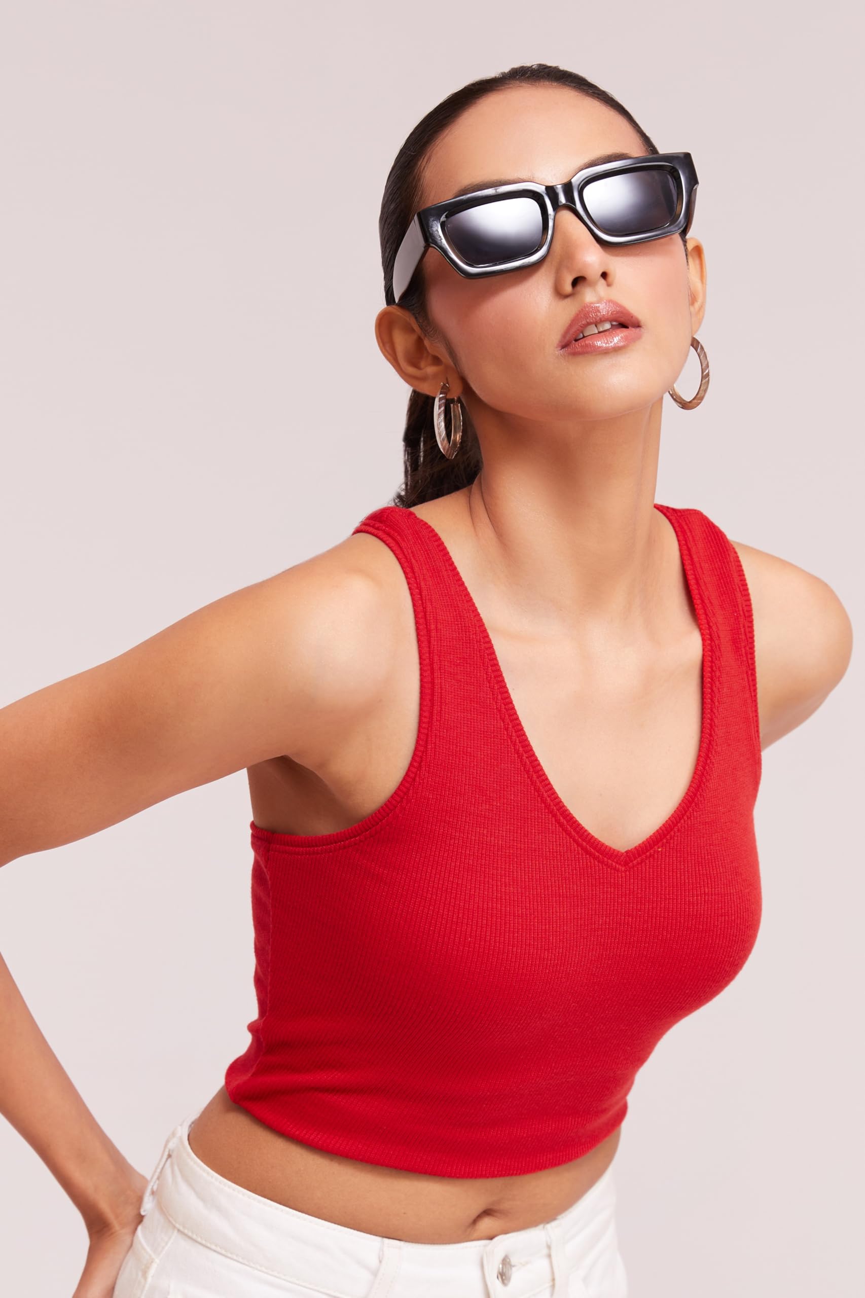 BERRY BIRD® Sleeveless V- Neck Slim Fit Ribbed Knit Tank Cut Out Back Crop Tops for Women & Girls Casual Beach and Gym Wear and Western Trendy Fashion Red 2
