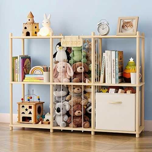 Toy Storage Organizer with Stuffed Animal Storage and Bookshelf, Solid Wood Plushies Storage with Toy Bin, 4 Cubes Shelf with Movable Drawer, Space-Saving Toy Box for Kids Room, Playroom, Nursery