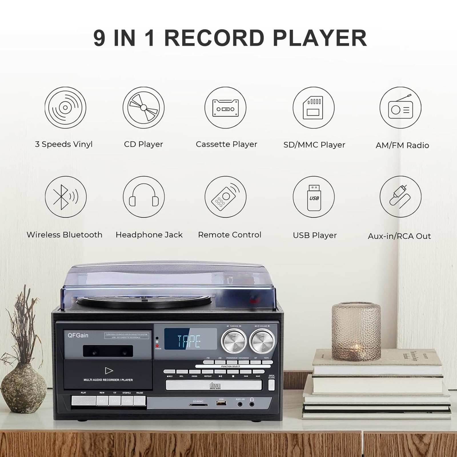 Giradischi in Vinile A 3 velocità, Giradischi Vintage CD/Cassette, Radio Am/FM, Riproduzione USB/SD, Fonografo Portatile, Dispositivo Audio Completamente Automatico A Cinghia,Black