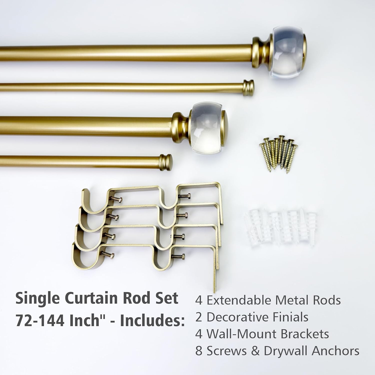 Brushed Gold Double Curtain Rods for Windows 60 to 140 Inches, Adjustable 72-144 Inch Extra Long Decorative Curtain Rod with Acrylic Finials, 1 Inch Heavy Duty Window Drapery Rods for Living Room