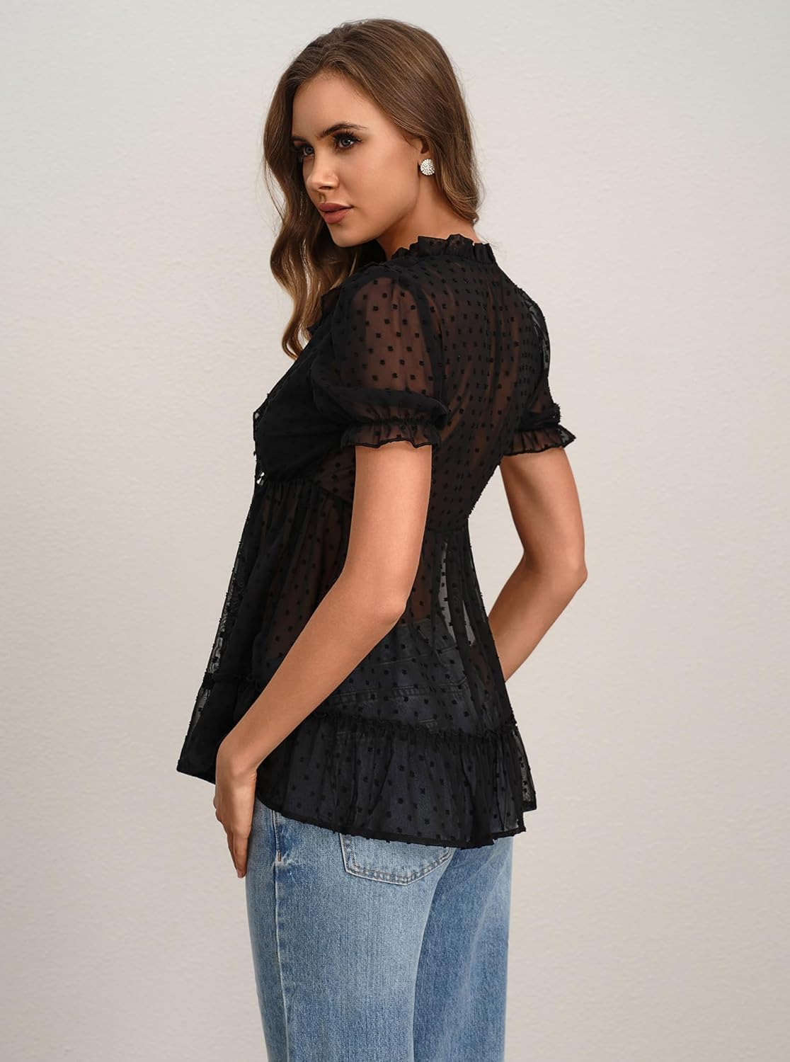 Womens Tie V Neck Lace Trim Summer Boho Tops Sheer Swiss Dot Ruffle Short Sleeve Babydoll Blouses Shirts Clothing - Image 2