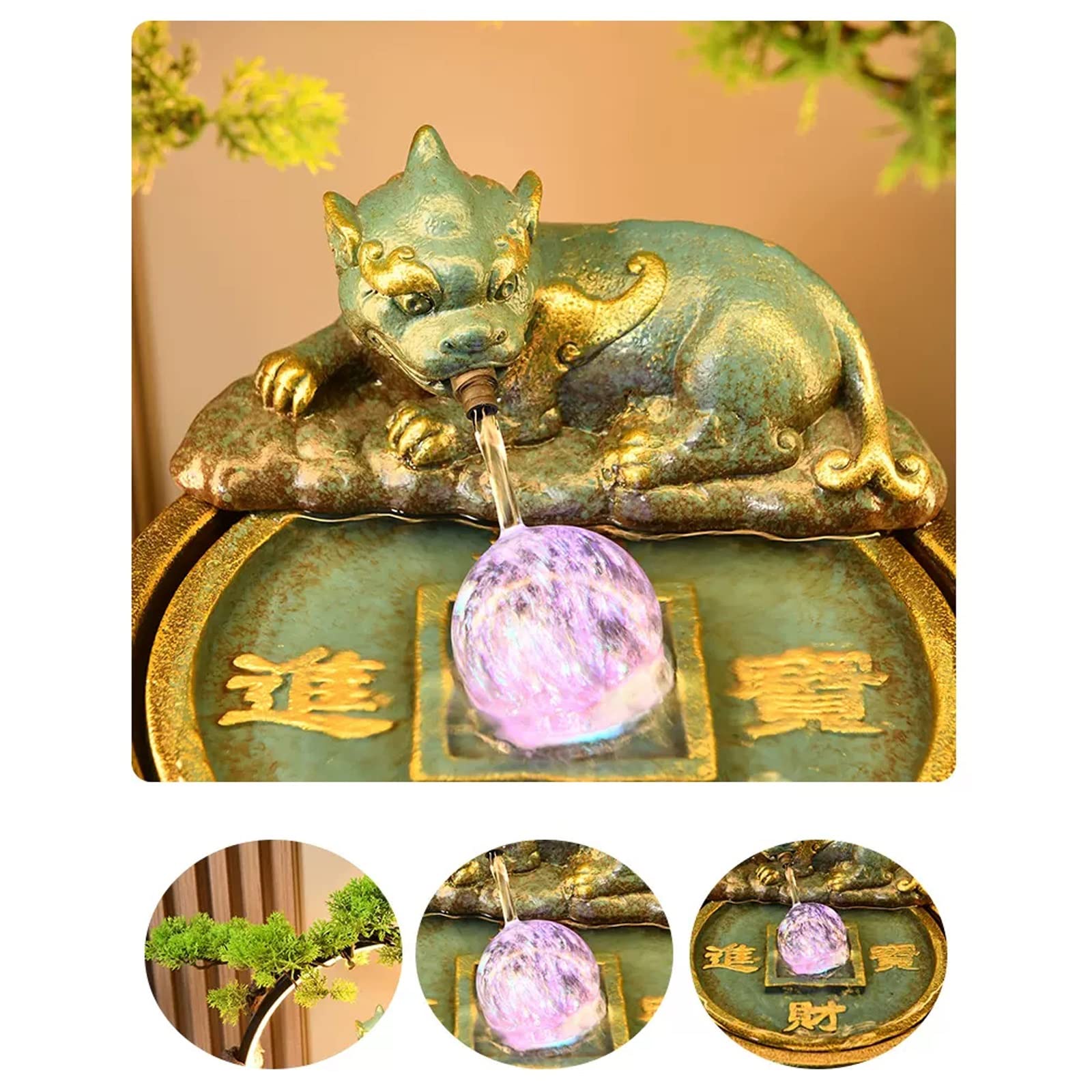 Fuente Interiores China Cerámica Pi Xiu Fuente de agua de mesa con base de madera y luz LED Interior Feng Shui Característica del agua Pequeña luz nocturna for la decoración del hogar de la oficina Fu