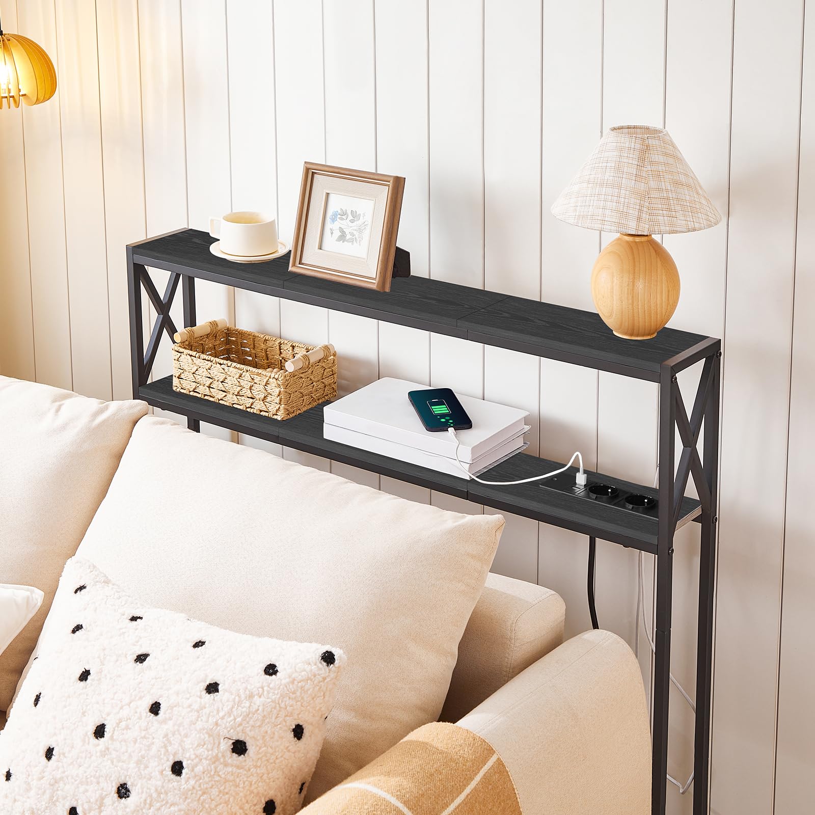 MAHANCRIS 100 cm 2-stöckiger Konsolentisch, Beistelltisch, mit 2 Steckdosen und 2 USB, Schmaler Eingangstisch, Flurtisch, Sofatisch für Flur, Wohnzimmer, Schlafzimmer, Foyer, Schwarz ACTHB115UE01