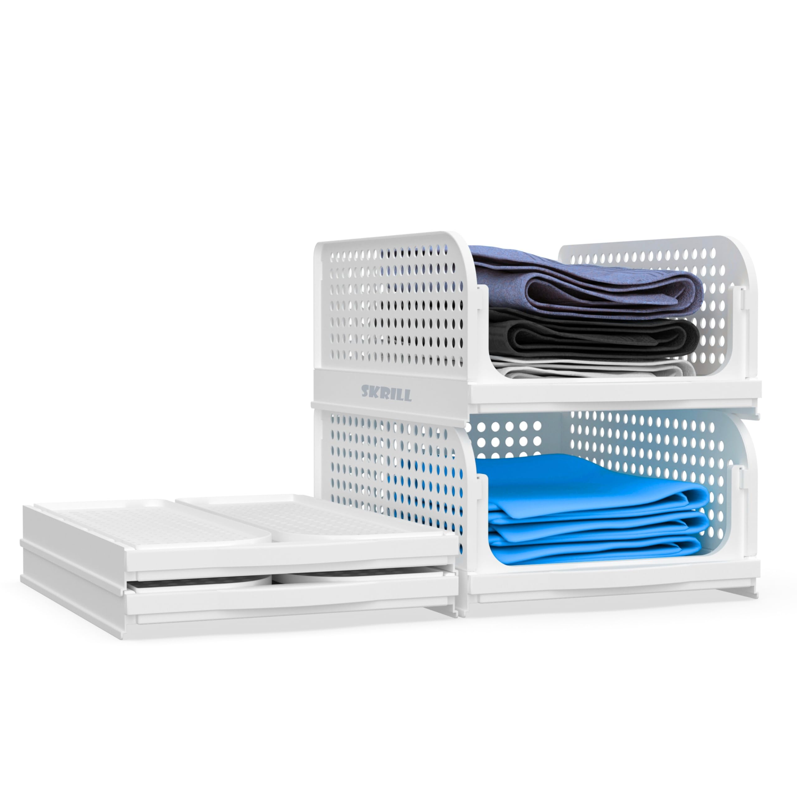 Skrill Pack of 2 Foldable, Sliding & Stackable Plastic Wardrobe Organizer for Storage Clothes | Ideal Wardrobe Shelf Organiser for Innerwear, Shirt, Socks | White-image-29