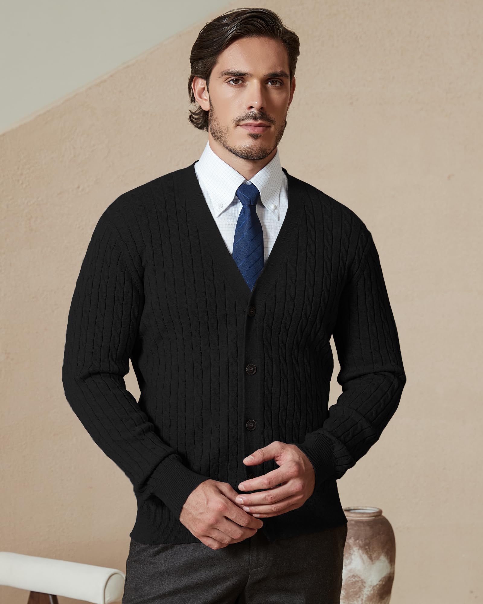 Kallspin Herren 100% Baumwolle V-Ausschnitt Langarm Strickjacke mit Zopfmuster Knöpfen Casual Cardigan Sweater