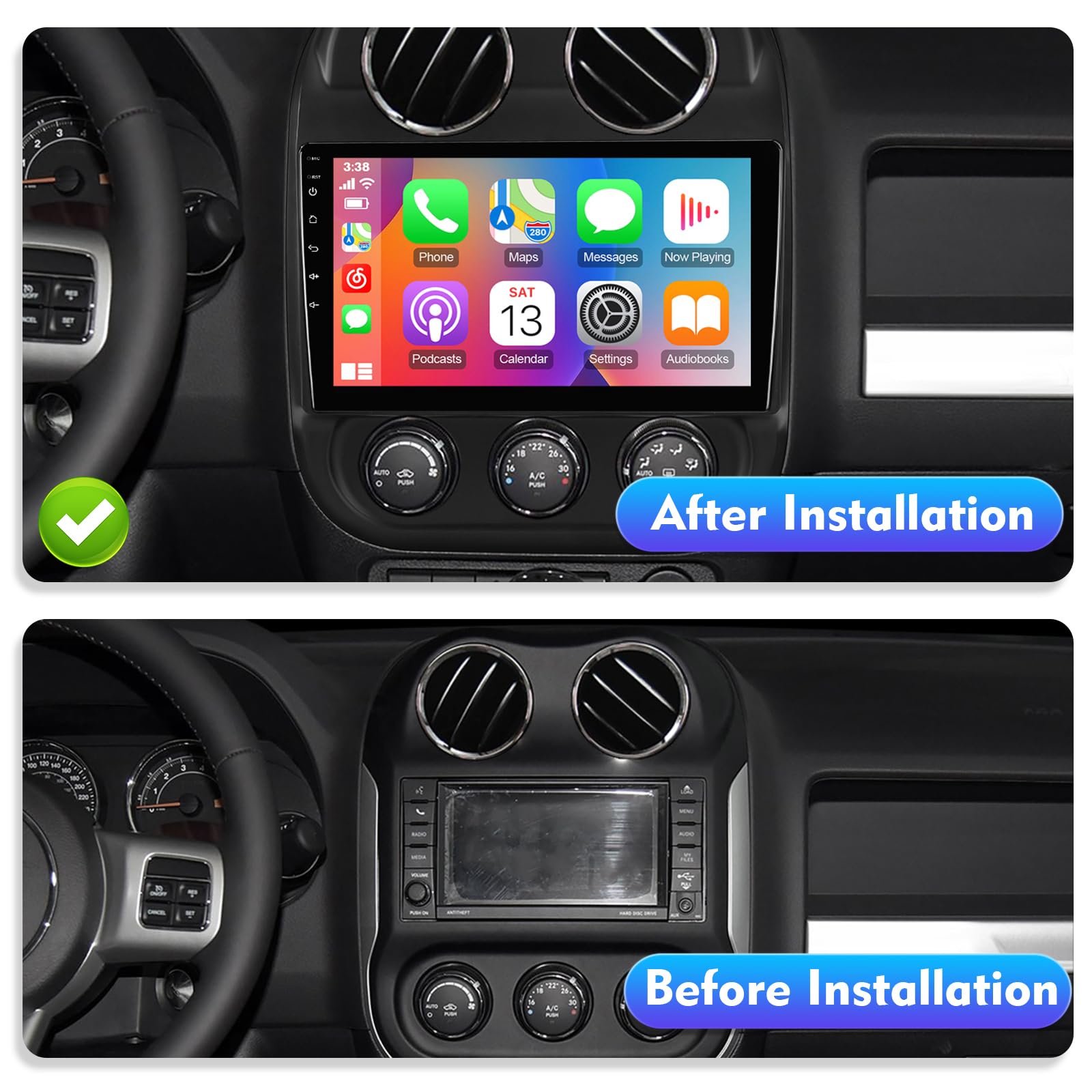 2+32 10.1 inches Android 10 Double Din Car Stereo for Jeep Compass/Patriot 2010-2016 IPS Touchscreen Screen Car Radio with Carplay & Android Auto Support Backup Camera GPS FM Navi BT