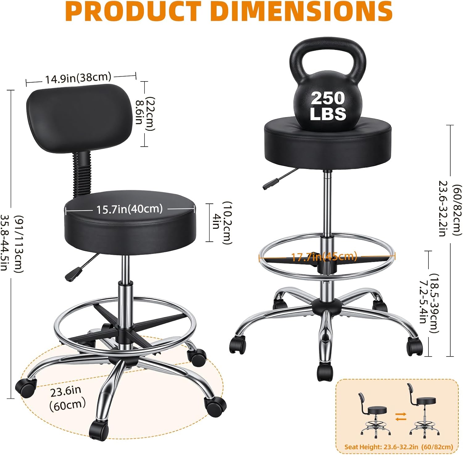 Drafting Chair, Work Stool with Back and Footrest Ring, Adjustable Height Rolling Stool, Faux Leather Swivel Chair for Office Studio Lab Counter Salon Workshop Kitchen (Black)